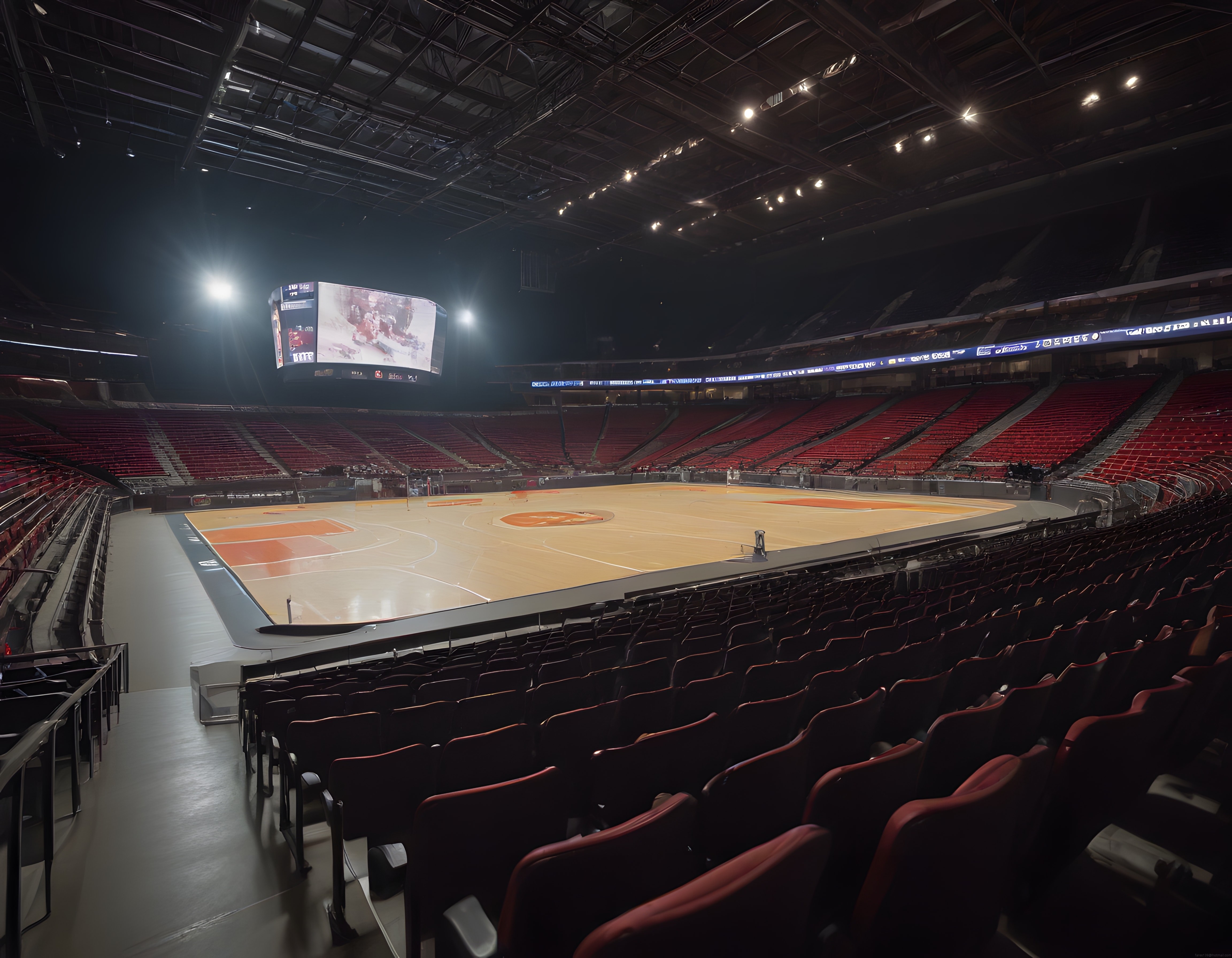 Boş Basketbol Salonu ve Sessiz Arena Atmosferi: Kırmızı Koltuklar ve Parke Saha