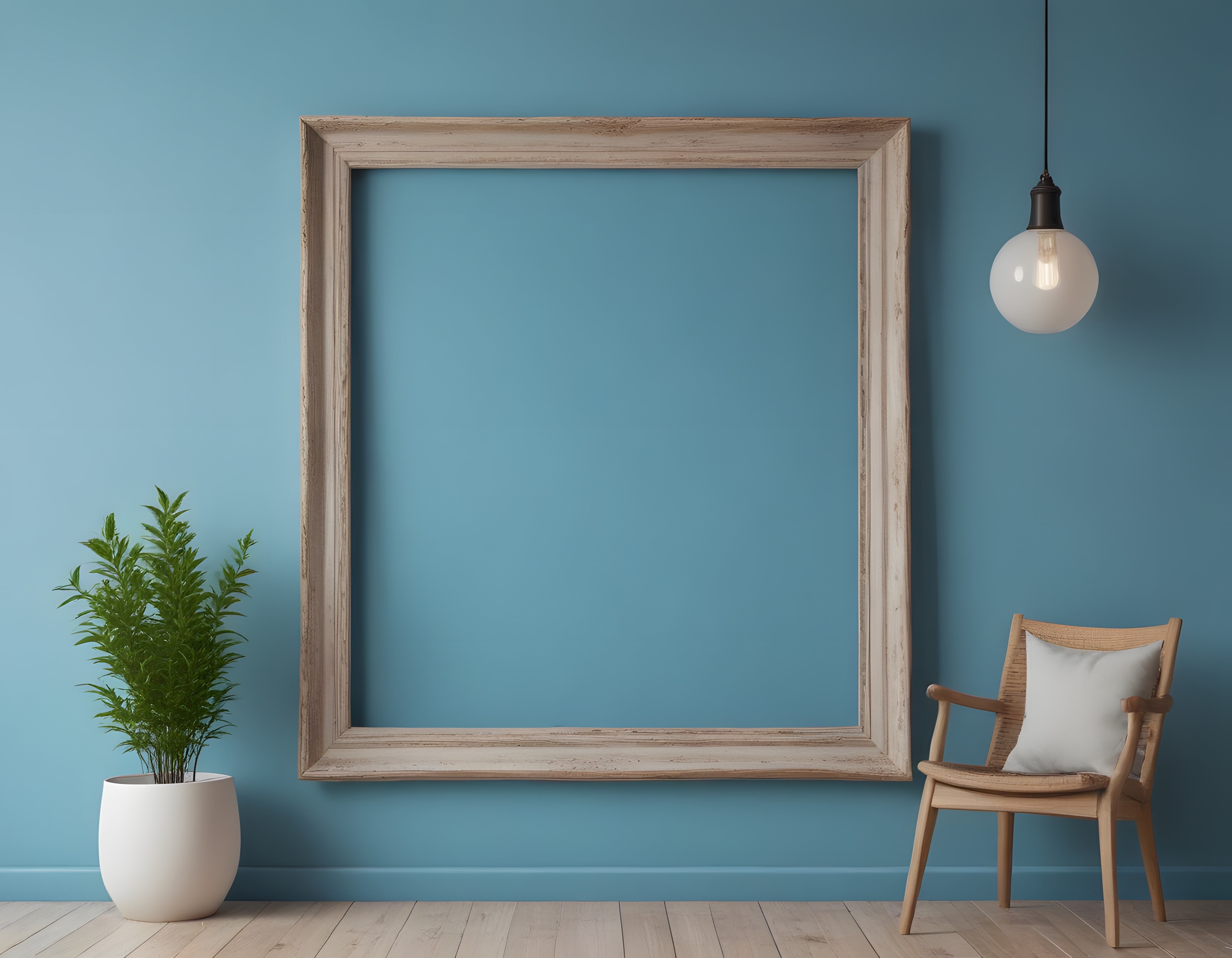 Boş Çerçeveli Mavi Duvar Dekoru, Sıcak Işıklı Modern Salon Atmosferi