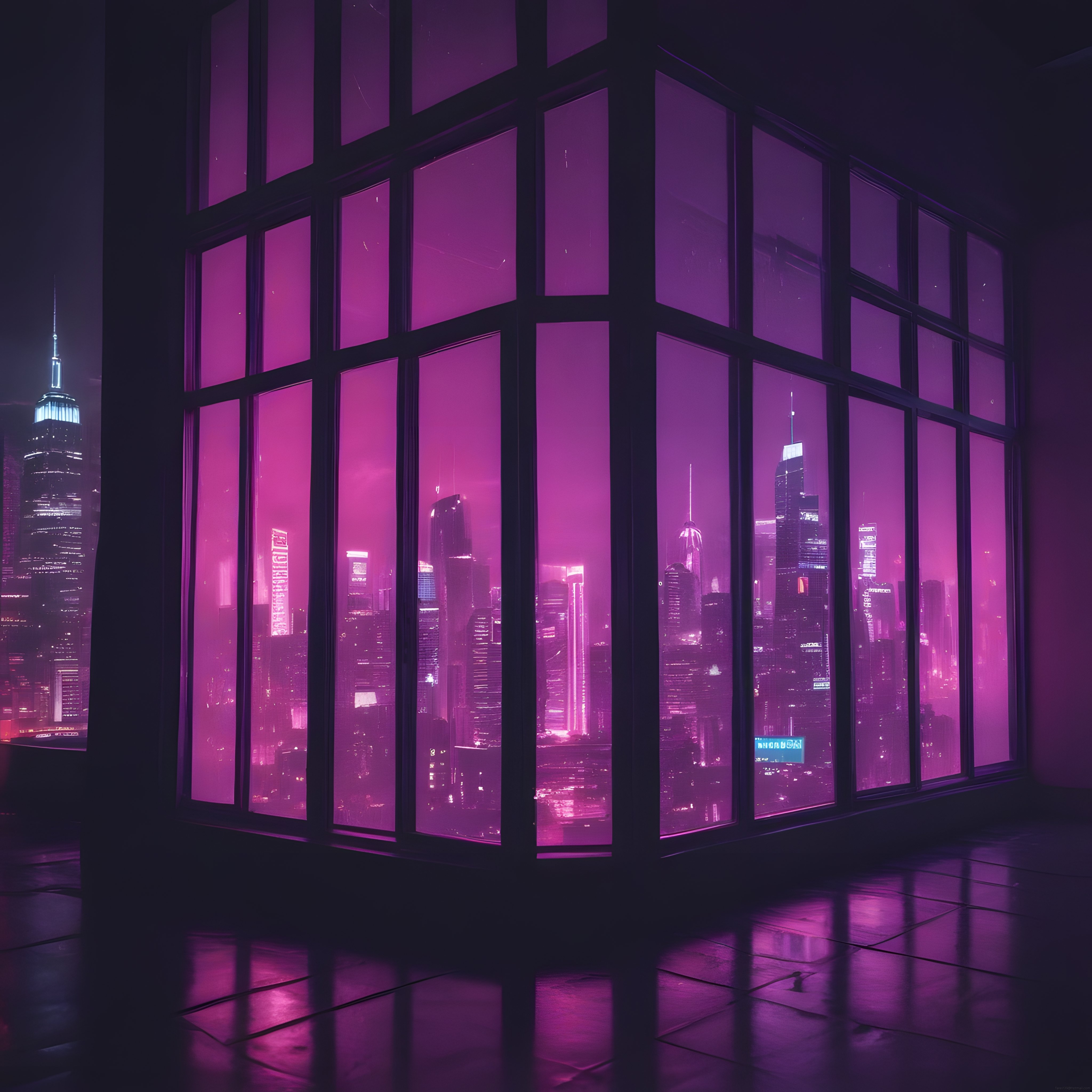 Boş Odadan Pembe Mor Işıklı Gökdelenlerin Gizemli Gece Manzarası