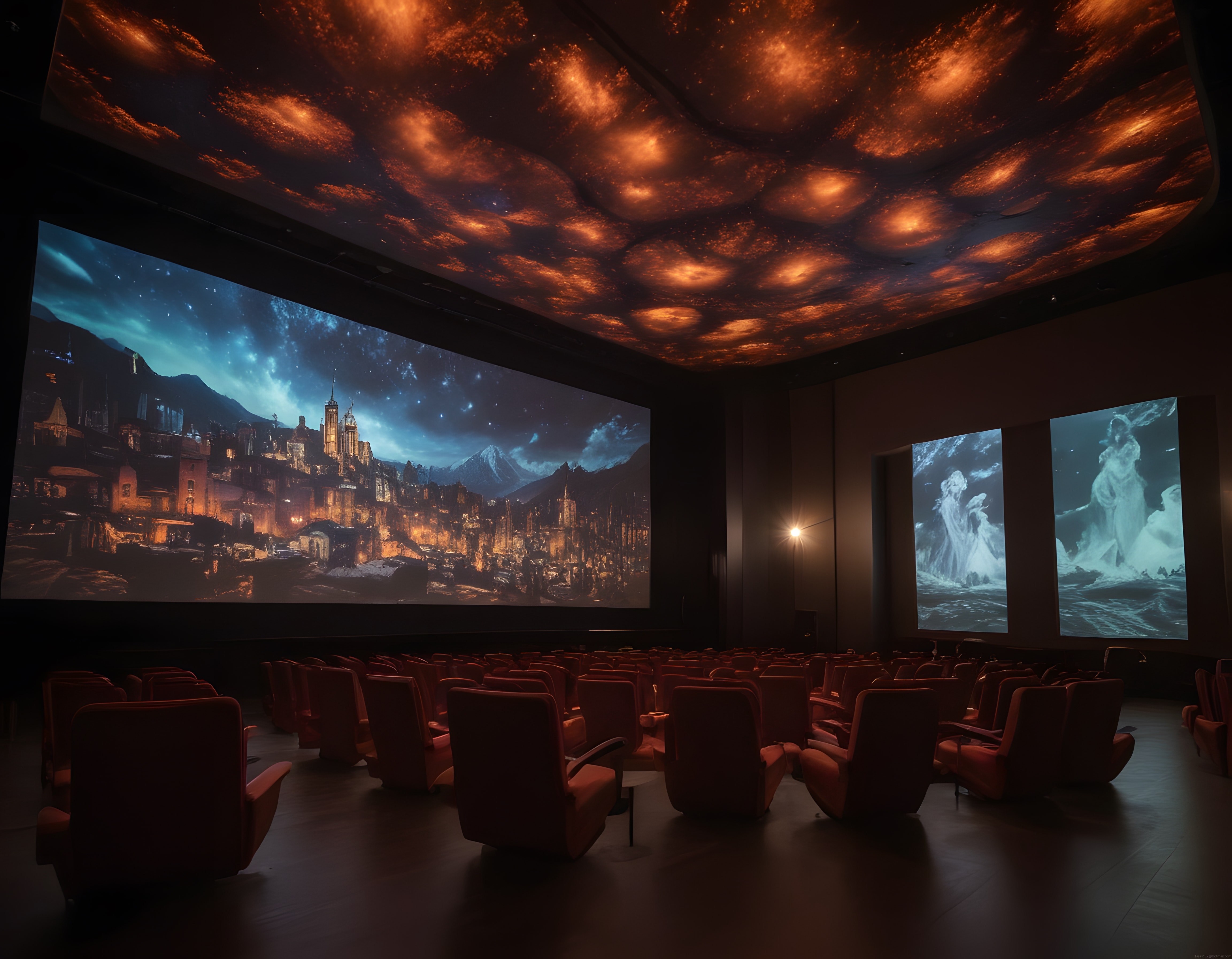 Boş sinema salonunda dev perdede fantastik şehir ve nebulalı tavan gösterimi