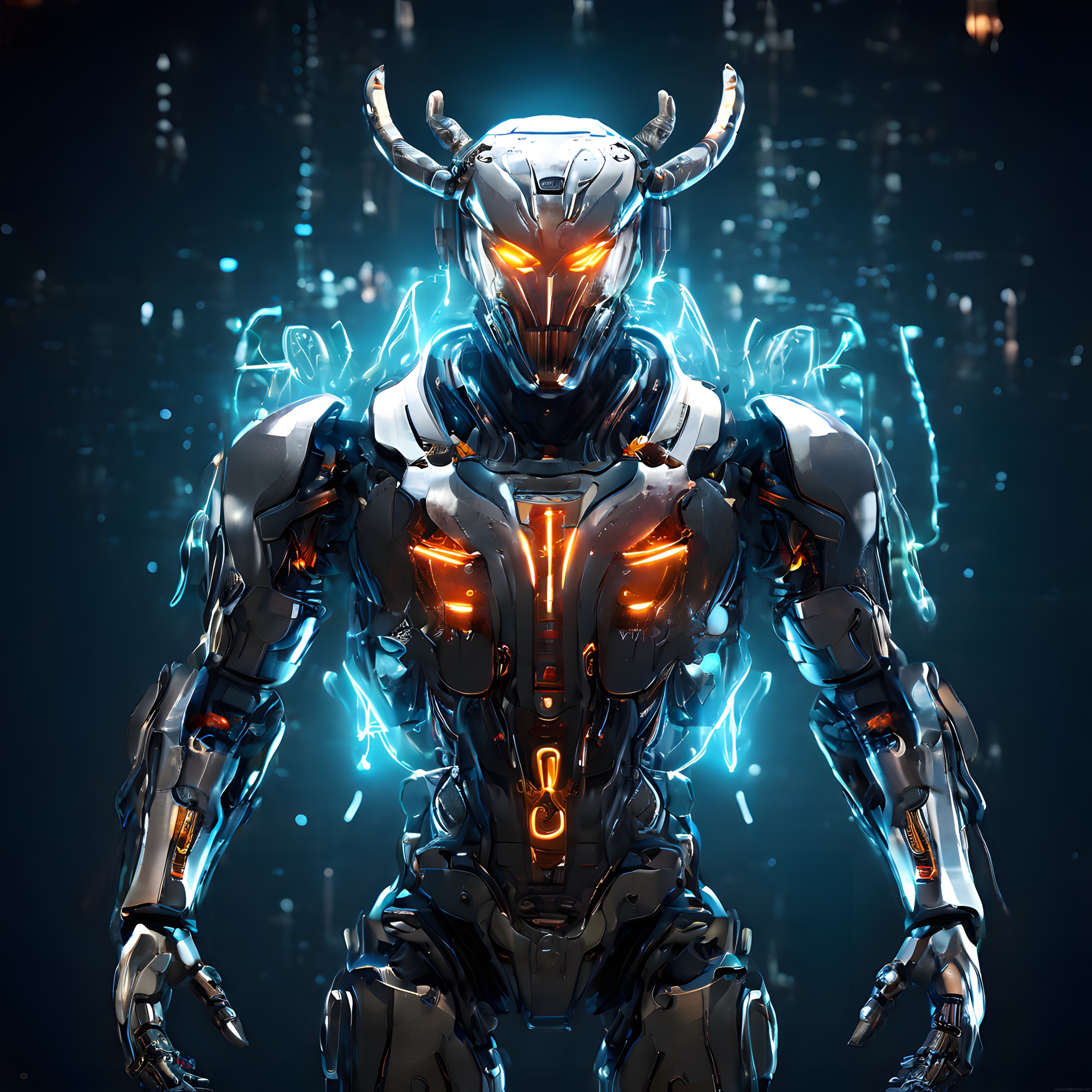Boynuzlu Kaskı ve Turuncu Gözleriyle Geleceğin Cyber Robot Savaşçısı
