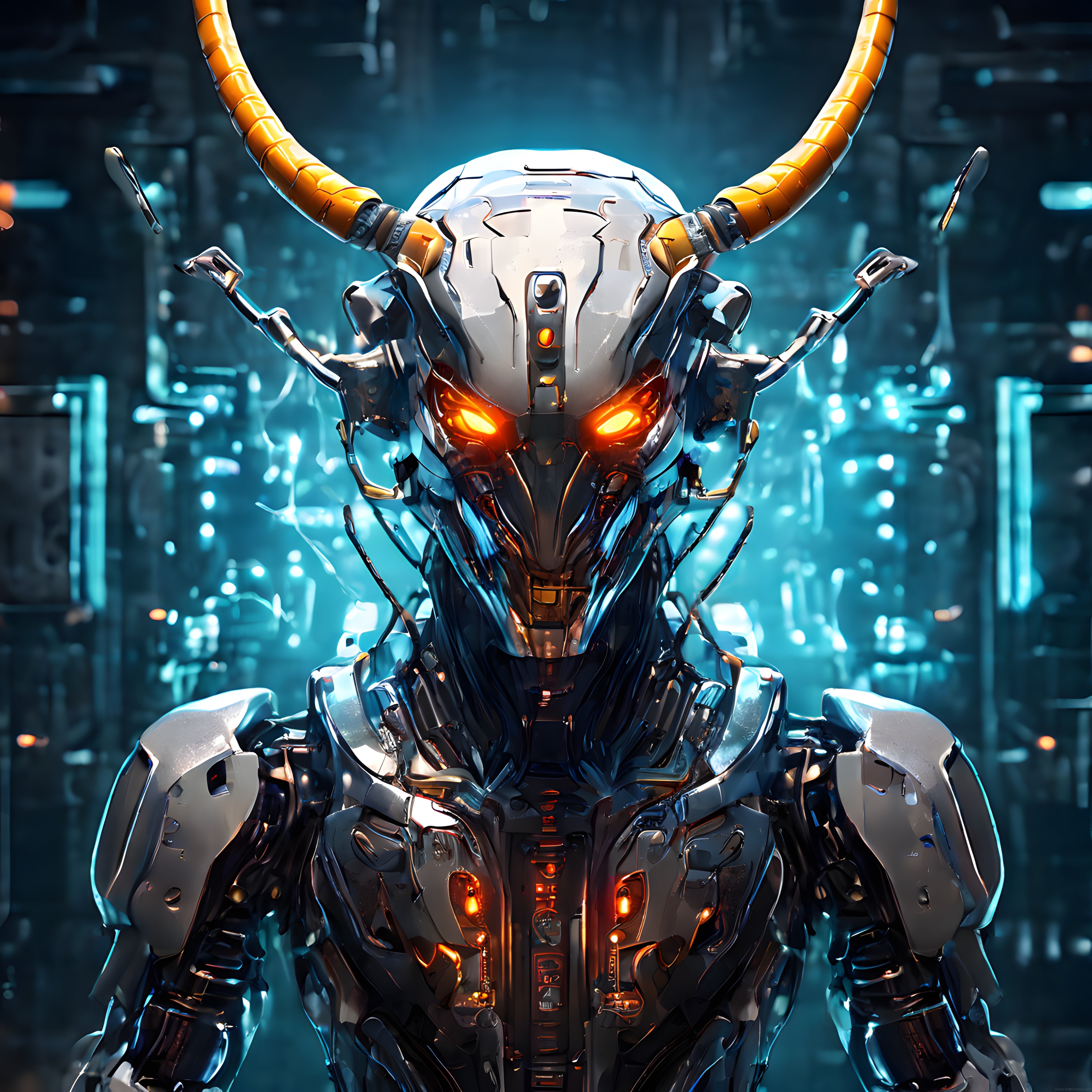 Boynuzlu mekanik varlığın turuncu gözleriyle cyberpunk dijital illüstrasyon