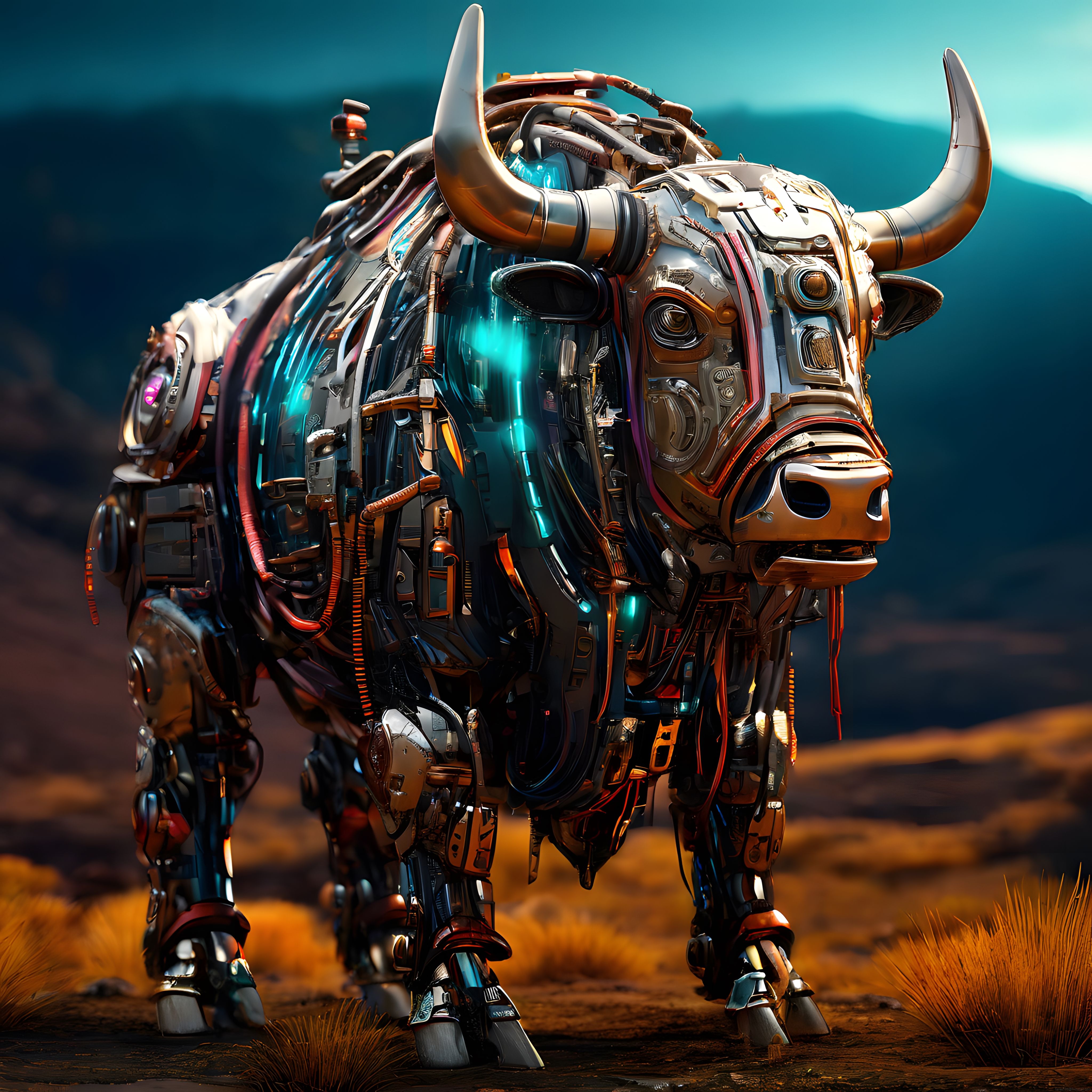 Bozkırda Duran Dev Çelik Boğa: Cyberpunk Mekanik Savaş Robotu