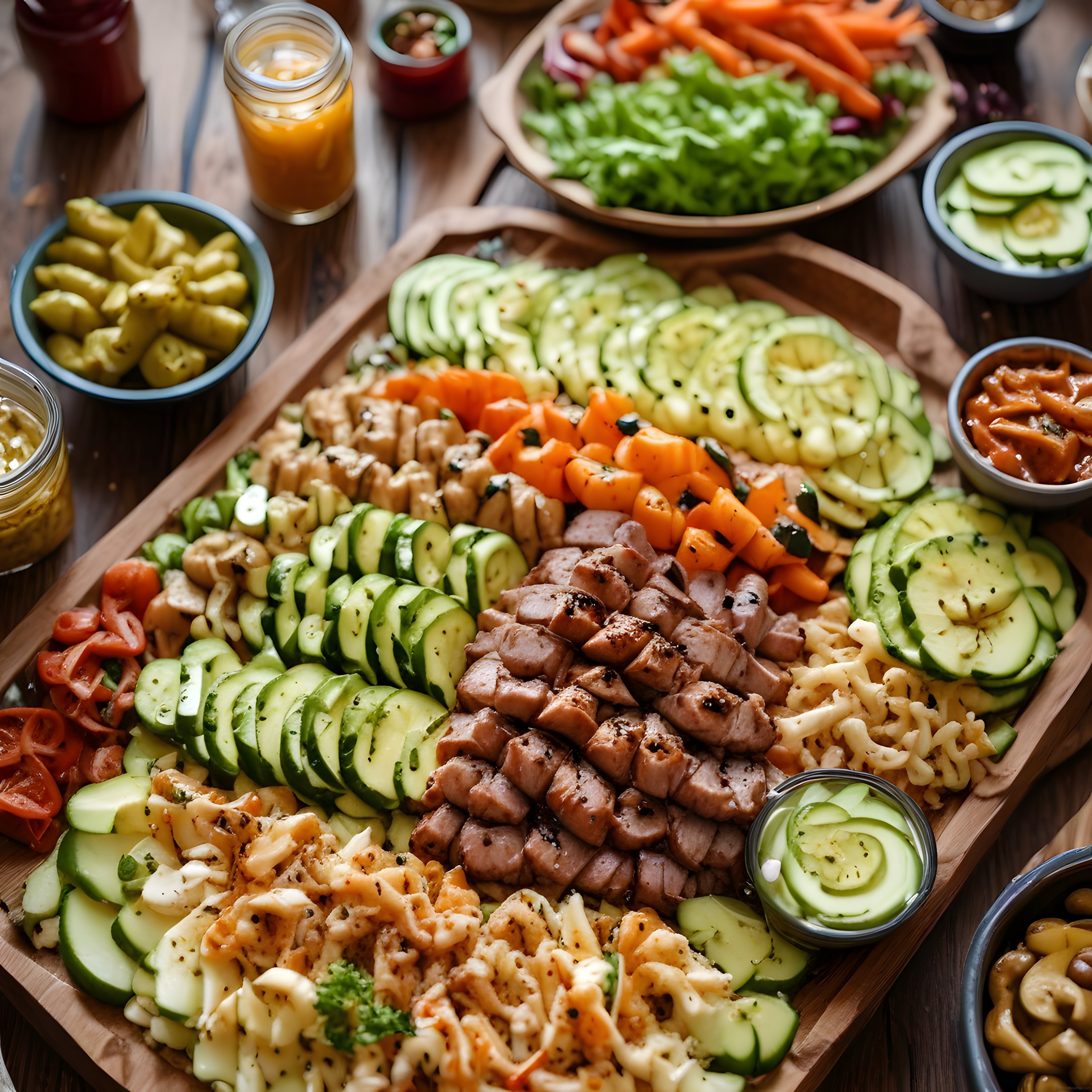 Brunch tahtası: ızgara et, salatalık, havuç, makarna salatası ve ev yapımı soslar