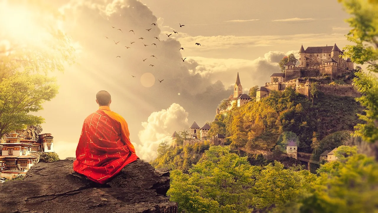 Buda tapınağı panoramik meditasyon sahnesi