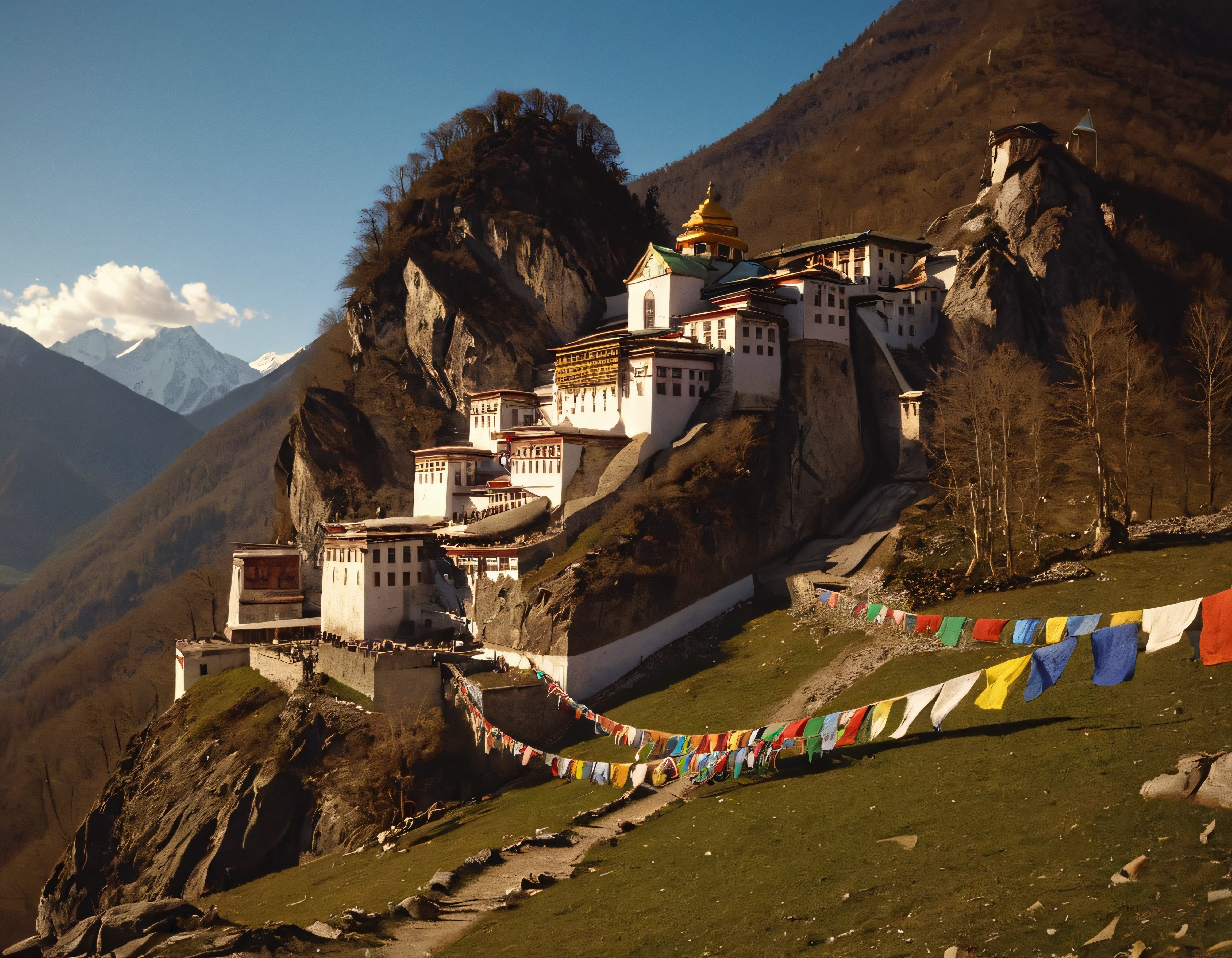Budist Dua Bayraklarıyla Çevrili Eski Dağ Manastırı ve Himalaya Zirveleri