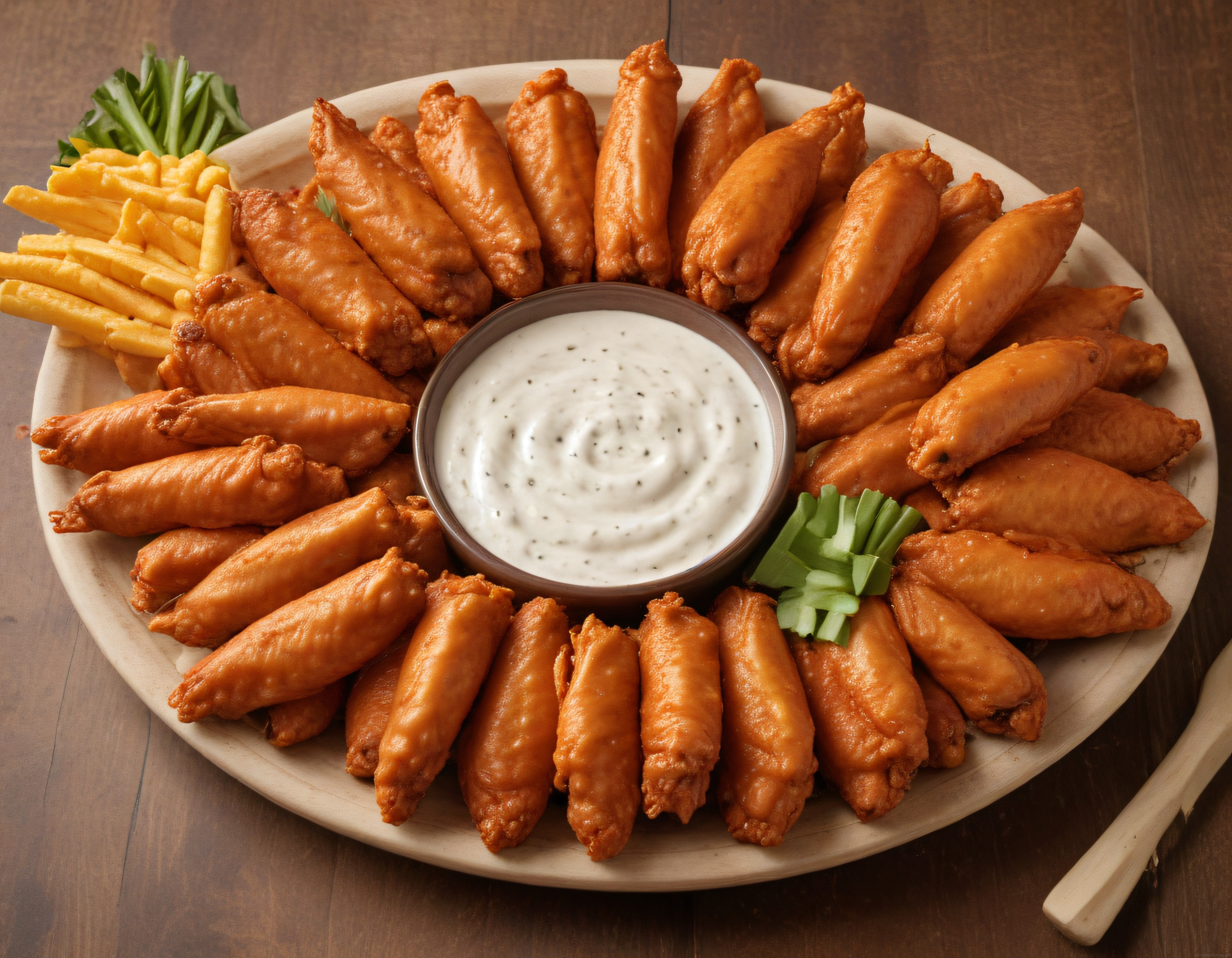 Buffalo Soslu Tavuk Kanatları, Patates Kızartması ve Ranch Dip Sos Sunumu