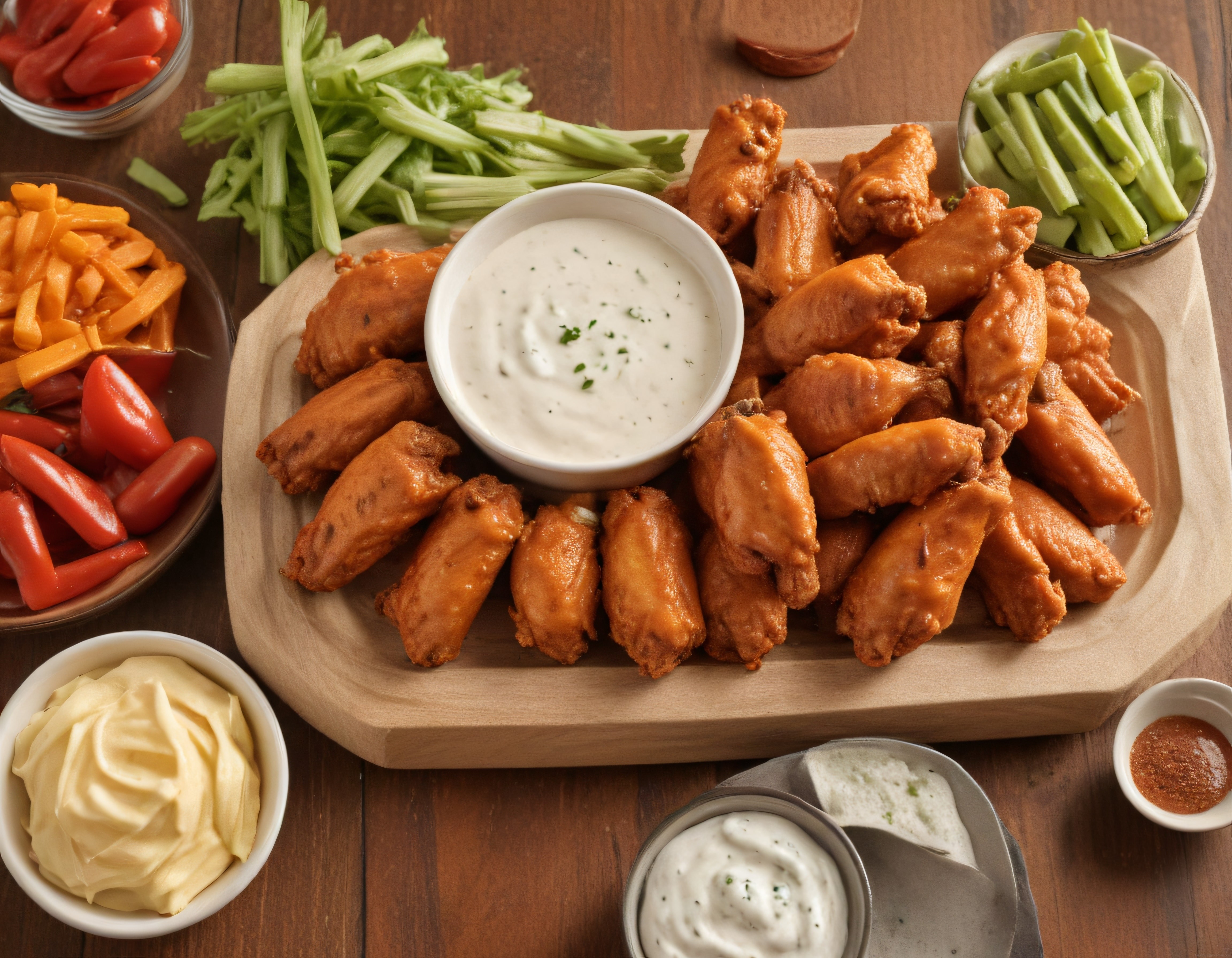 Buffalo Soslu Tavuk Kanatları, Ranch Dip ve Taze Sebzelerle Lezzetli Sunum