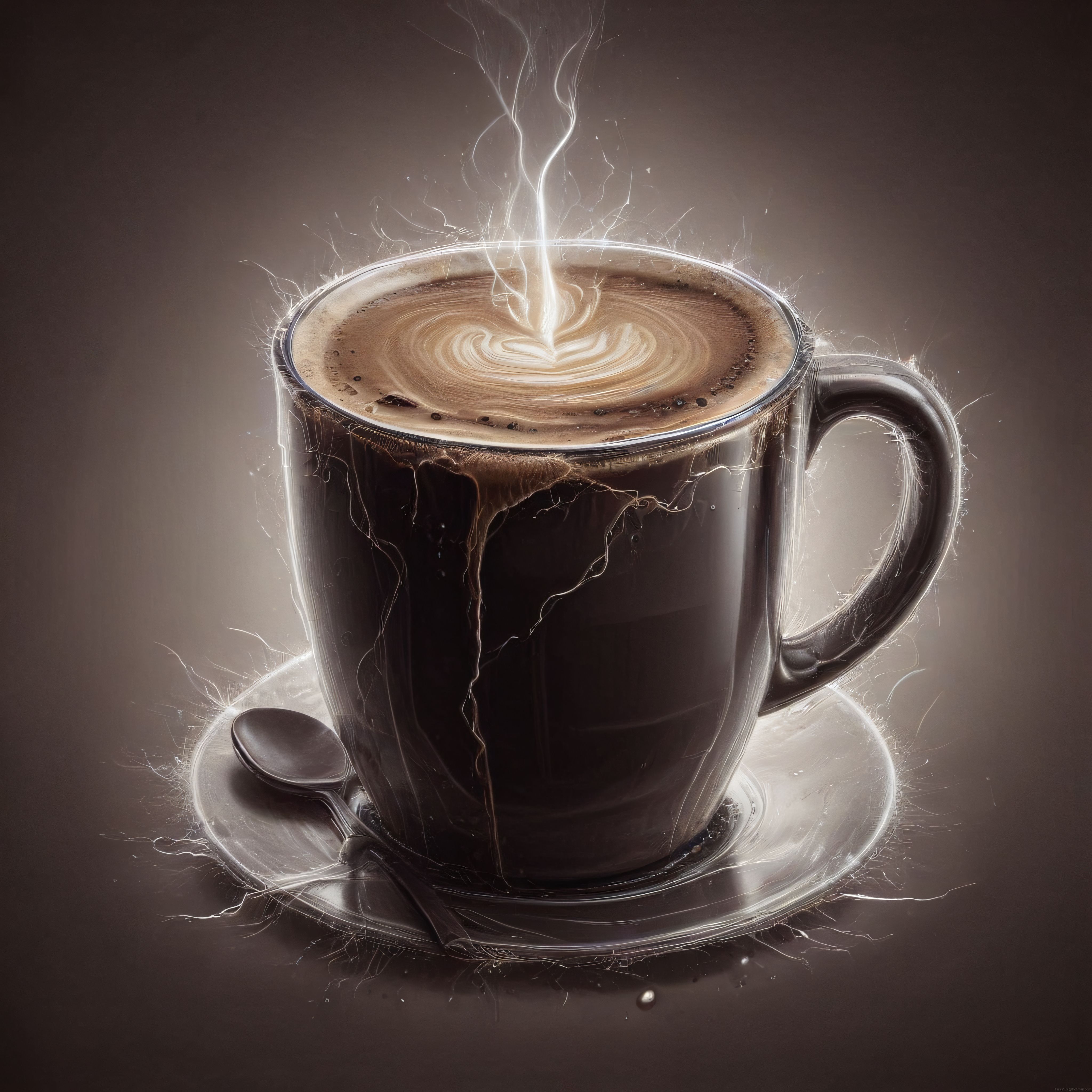 Buğusu Tüten Latte Artlı Siyah Kupa ve Elektrik Efektli Sanatsal Kahve Görseli