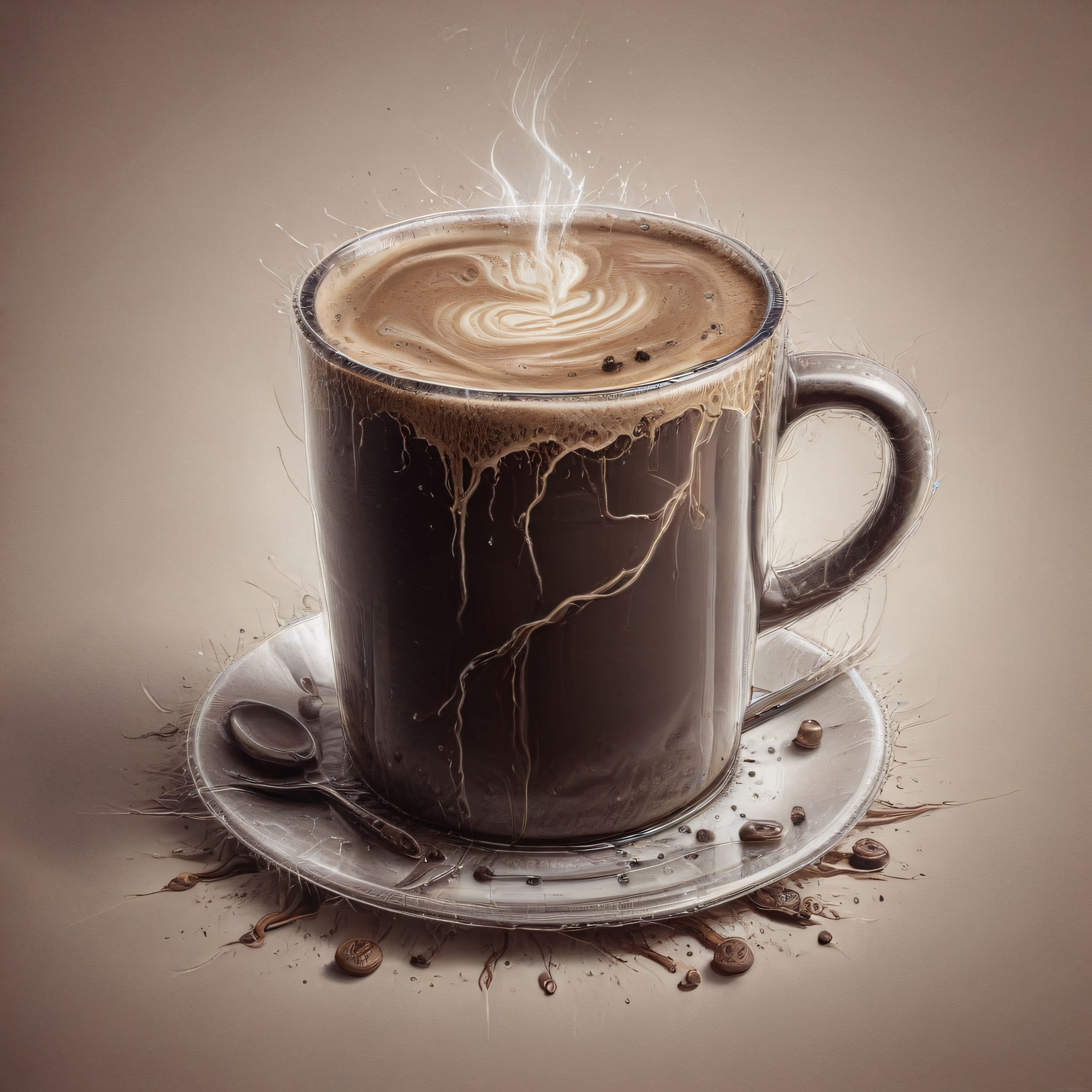 Buhar Tüten Kalp Desenli Latte Art ve Sürreal Metalik Kahve Fincanı