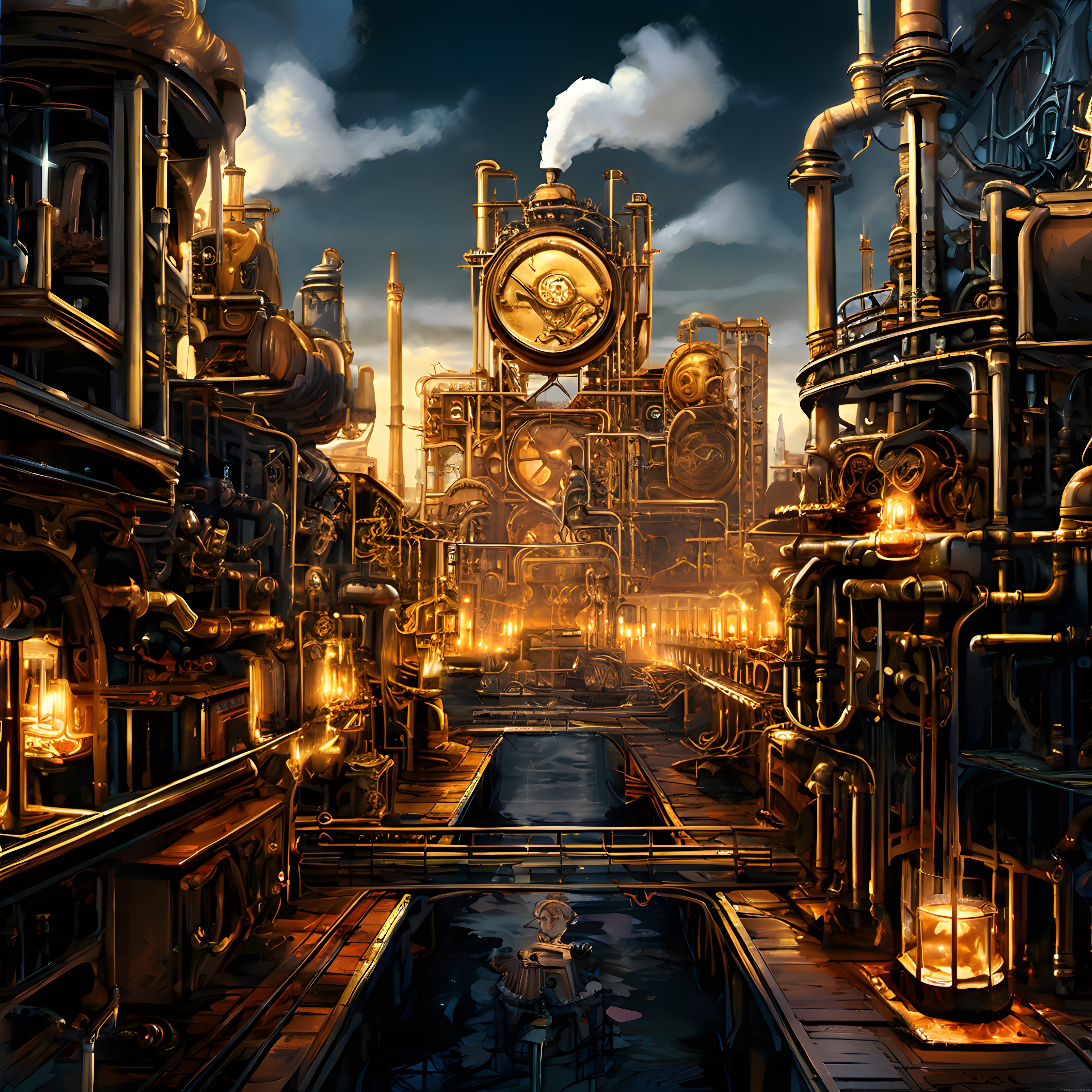 Buhar ve Çelikten Büyüleyici Steampunk Endüstriyel Şehir Manzarası