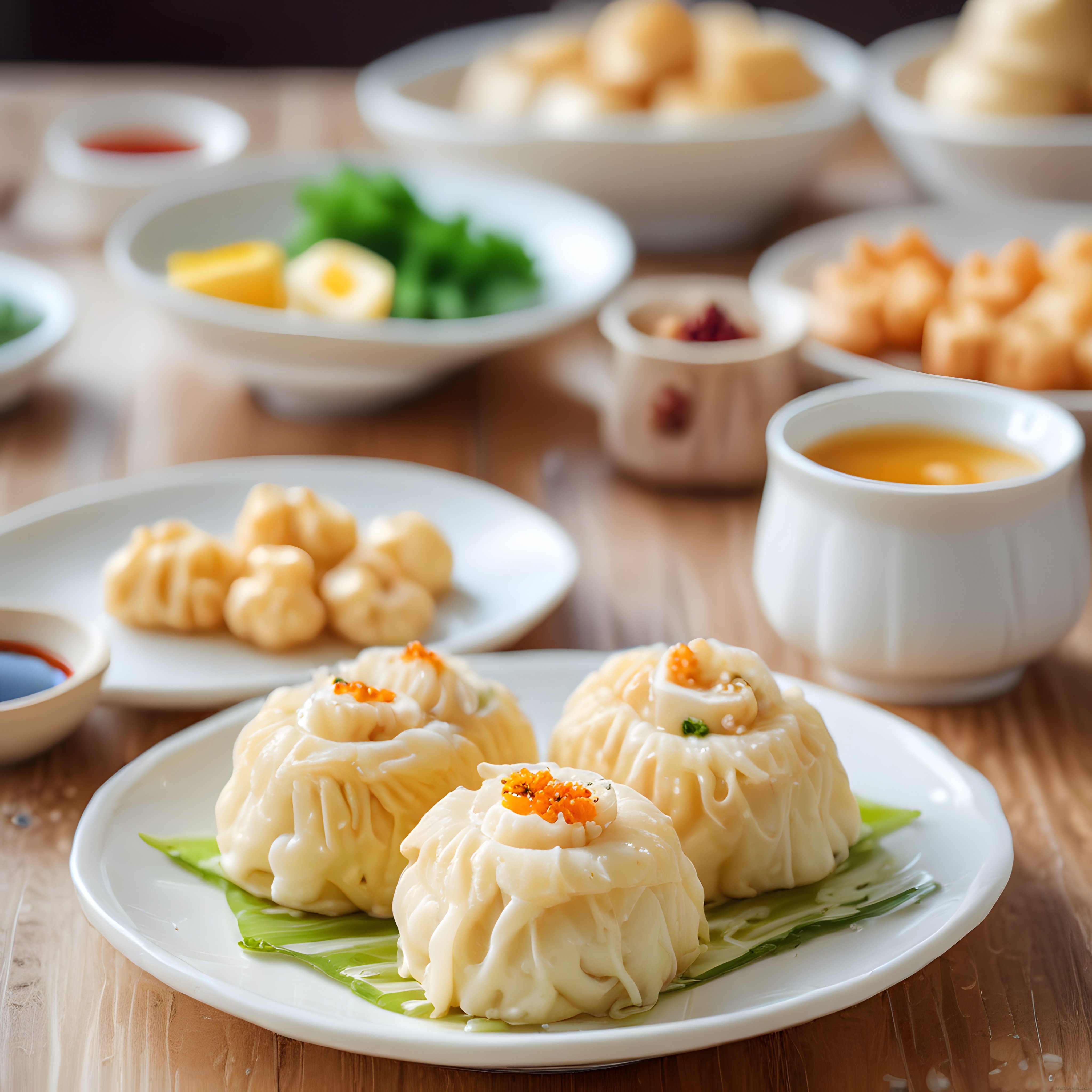 buharda pişmiş çin mantısı ve geleneksel dim sum çeşitlerinin şık sunumu