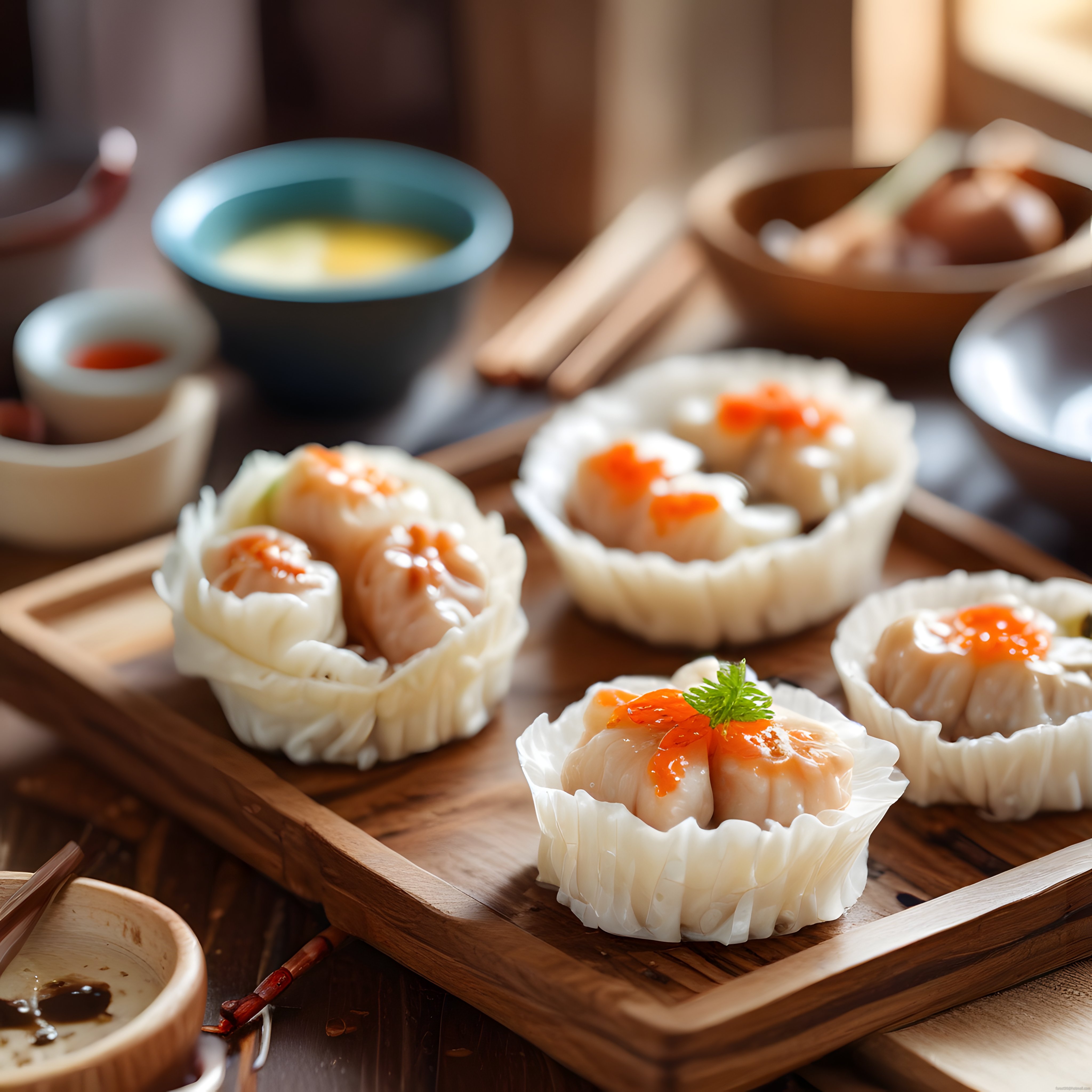 Buharda Pişmiş Kaviarlı Shumai ve Asya Soslarıyla Şık Sunum Tabağı