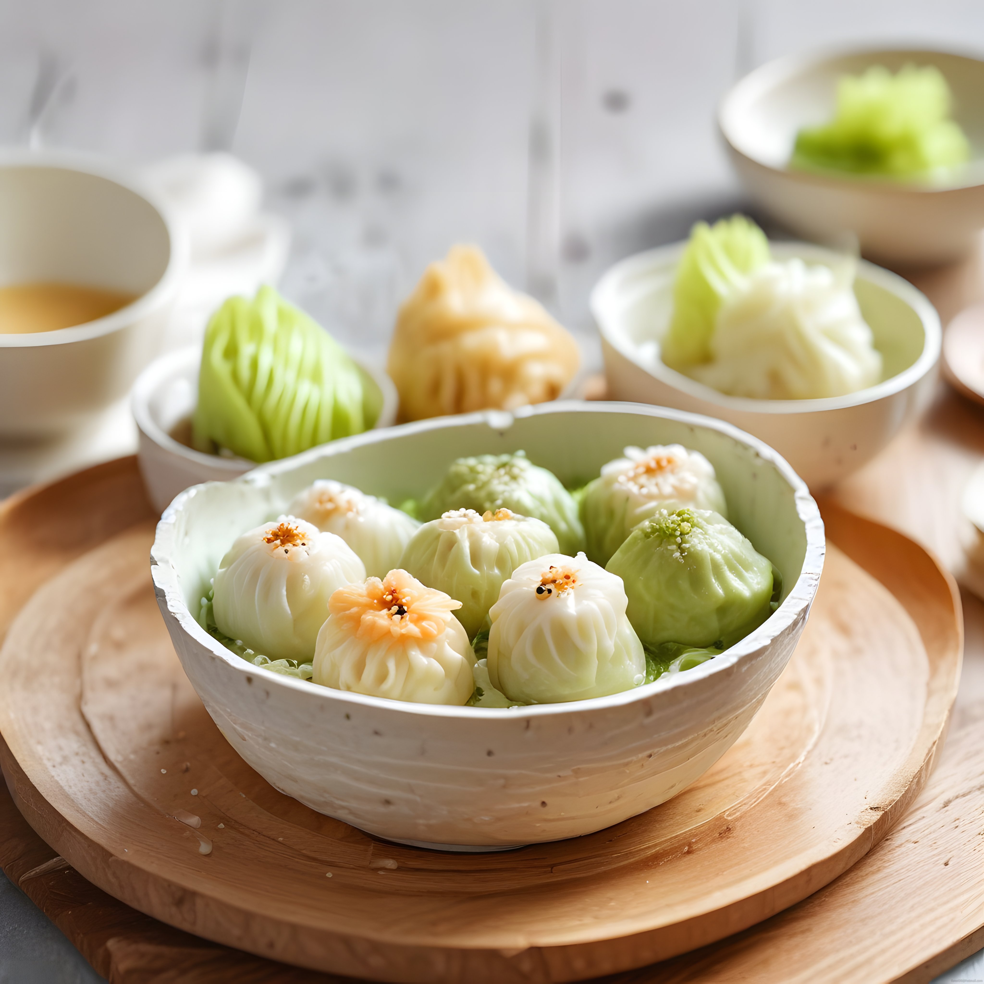 Buharda pişmiş renkli dim sum çeşitleriyle Uzak Doğu mutfağından şık sunum