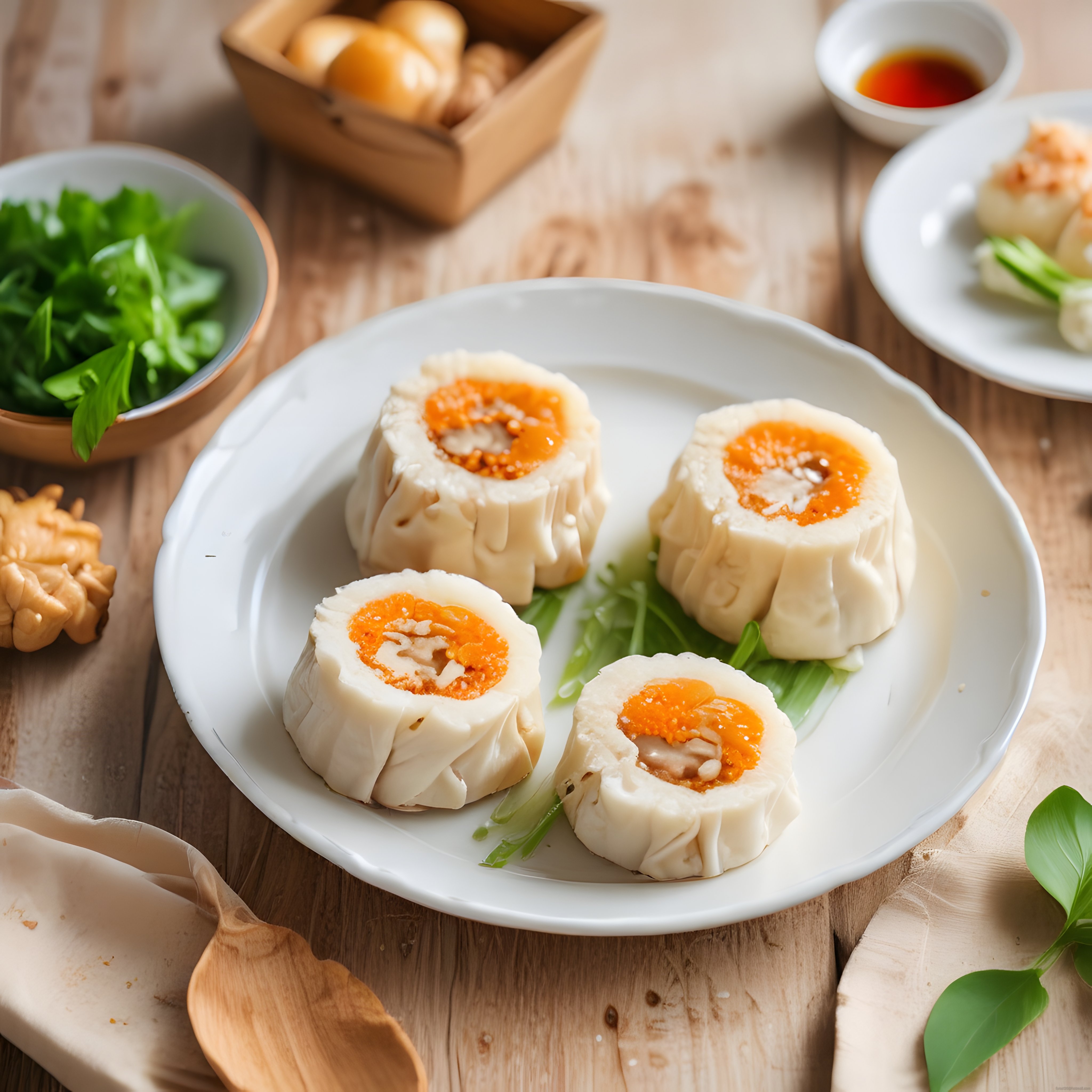 Buharda Pişmiş Shumai Mantısı ve Turuncu Havyar Süslemeli Dim Sum Sunumu