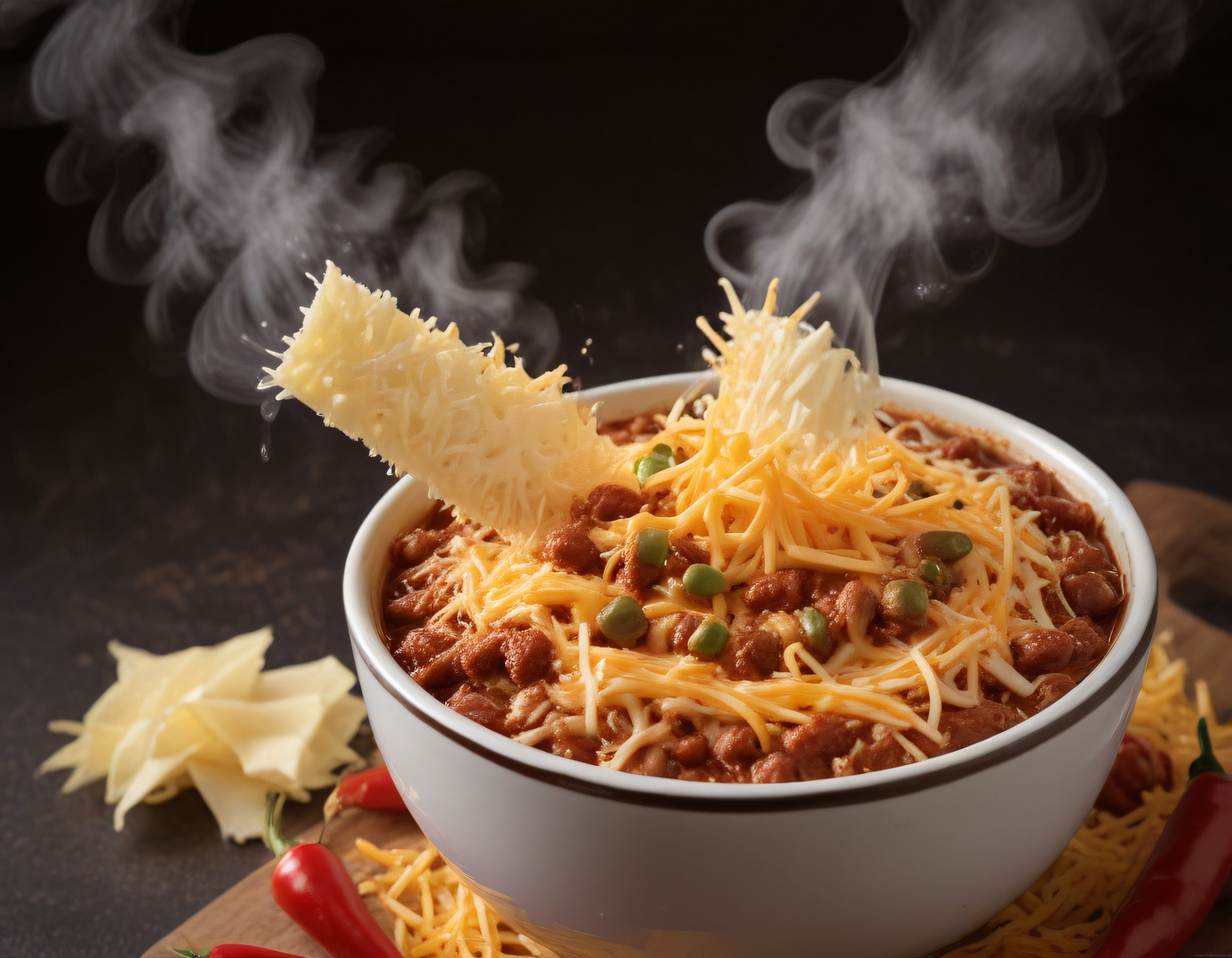 Buharı tüten bol peynirli sıcak chili con carne lezzet kasesi