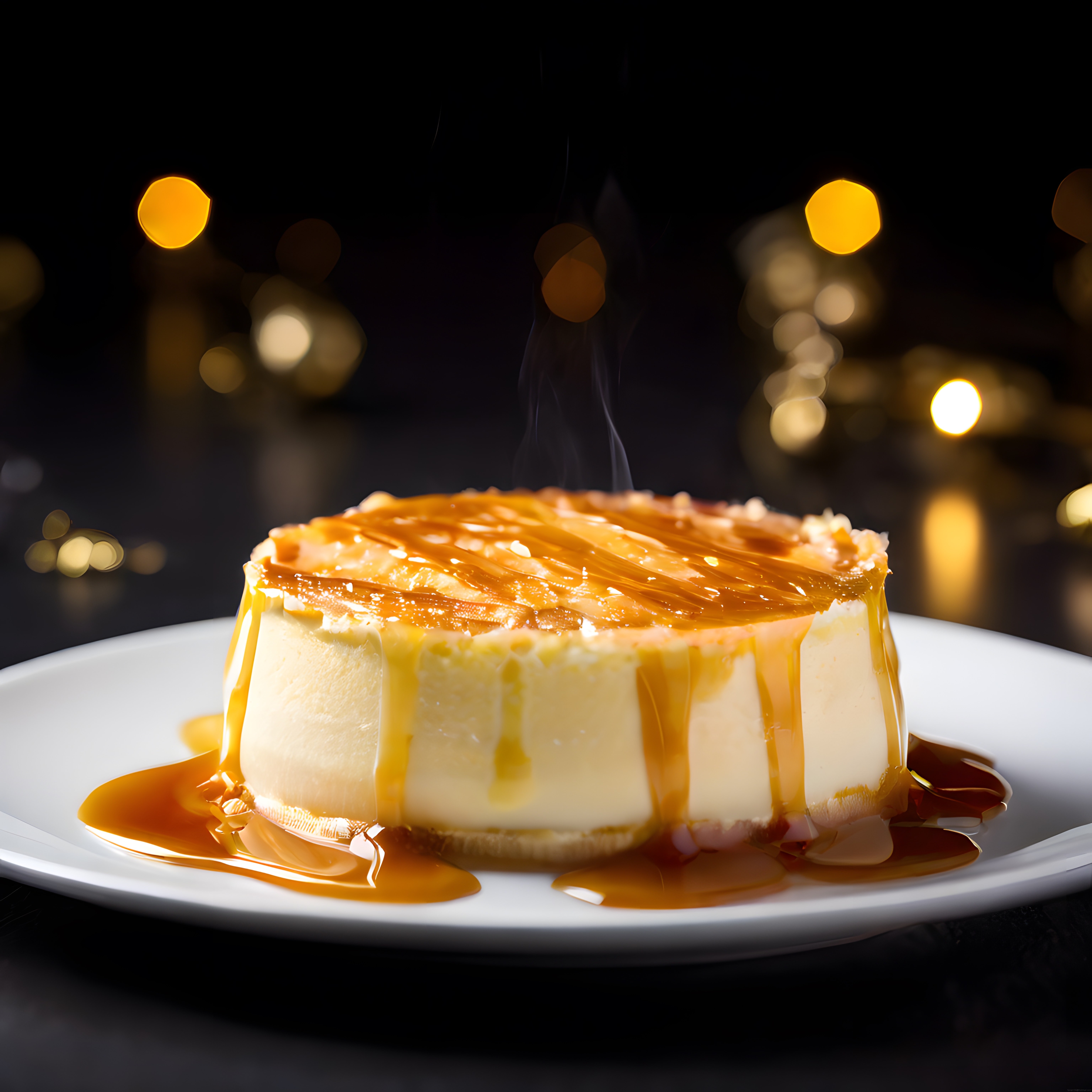 Buharı Tüten Karamel Soslu Cheesecake Tatlısı Sunumu ve Arka Plan Işıkları