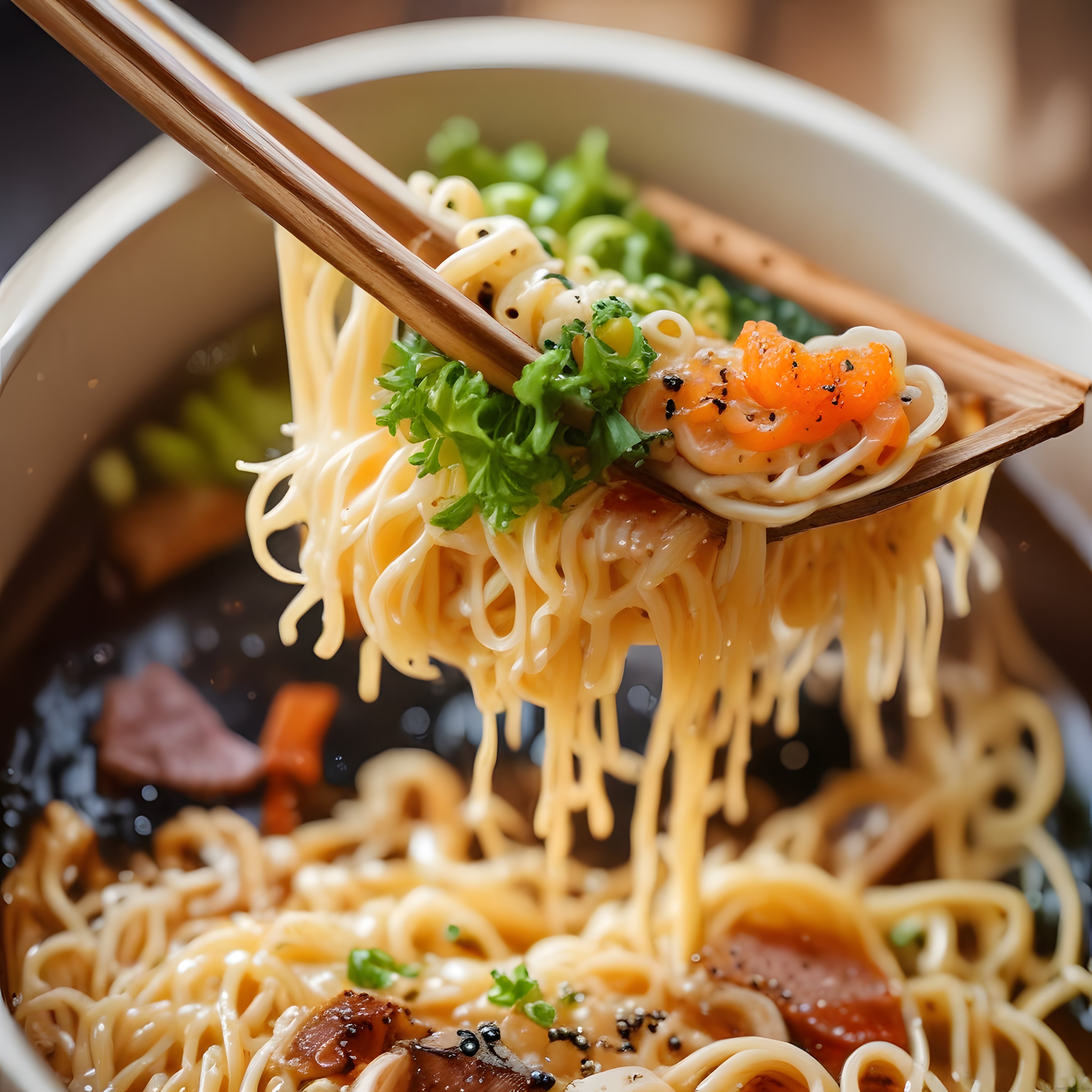buharları yükselen ramen kasesinden ahşap kaşıkla noodle çorbası sunumu
