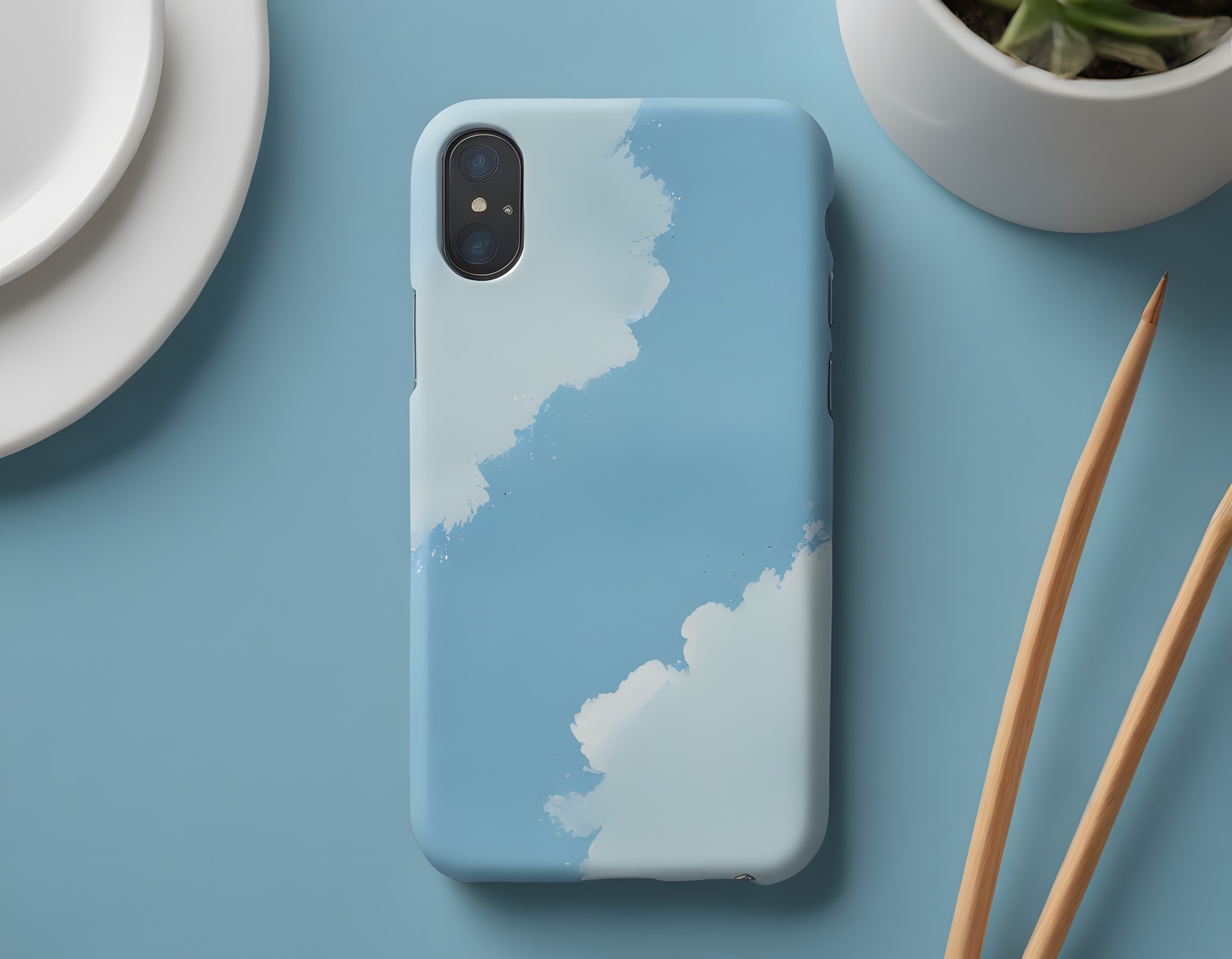 Bulut Desenli Telefon Kılıfı ve Ahşap Çubuklarla Pastel Mavi Masa Aranjmanı