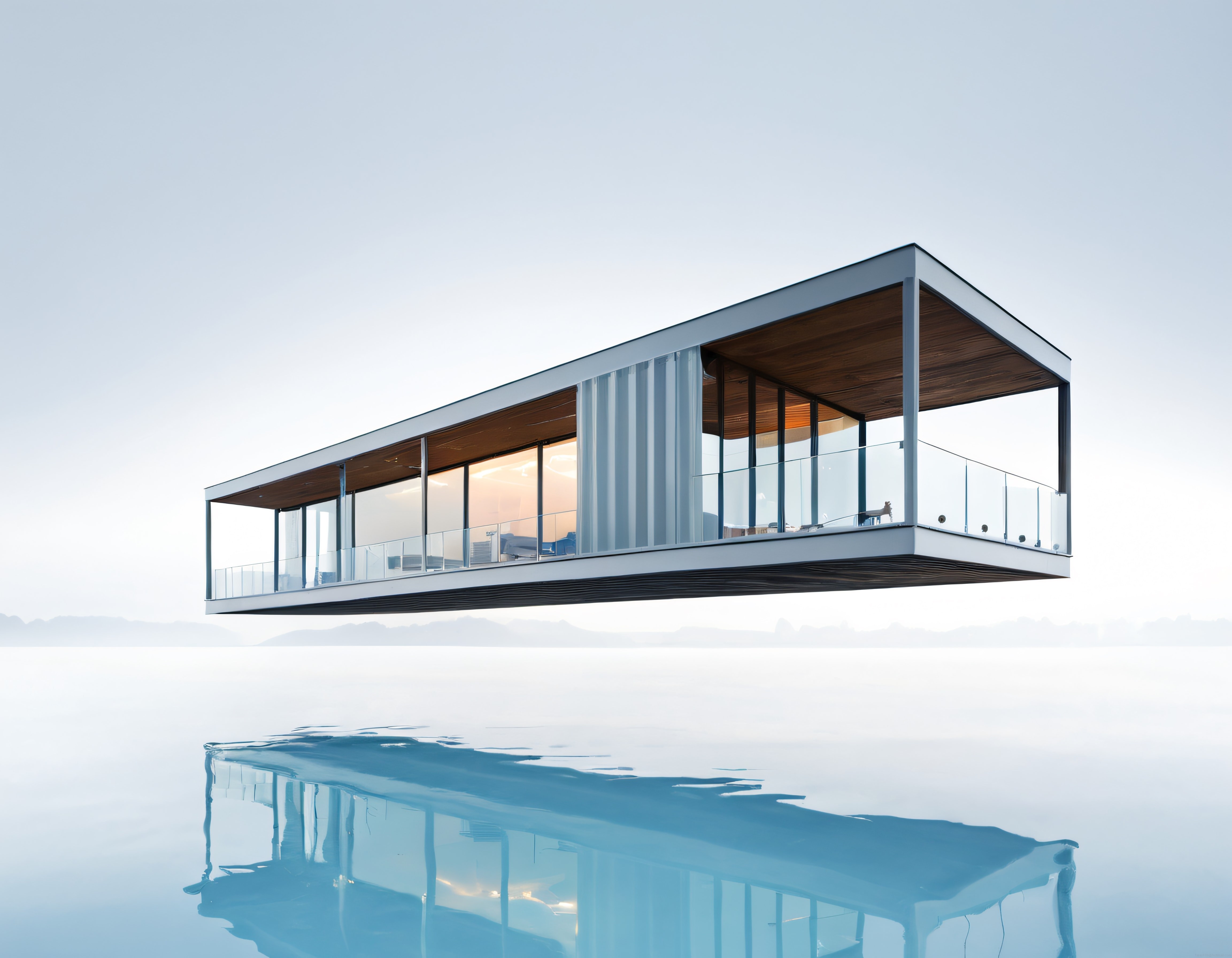 Bulutların Arasında Su Üzerinde Asılı Gibi Duran Modern Cam Villa Tasarımı