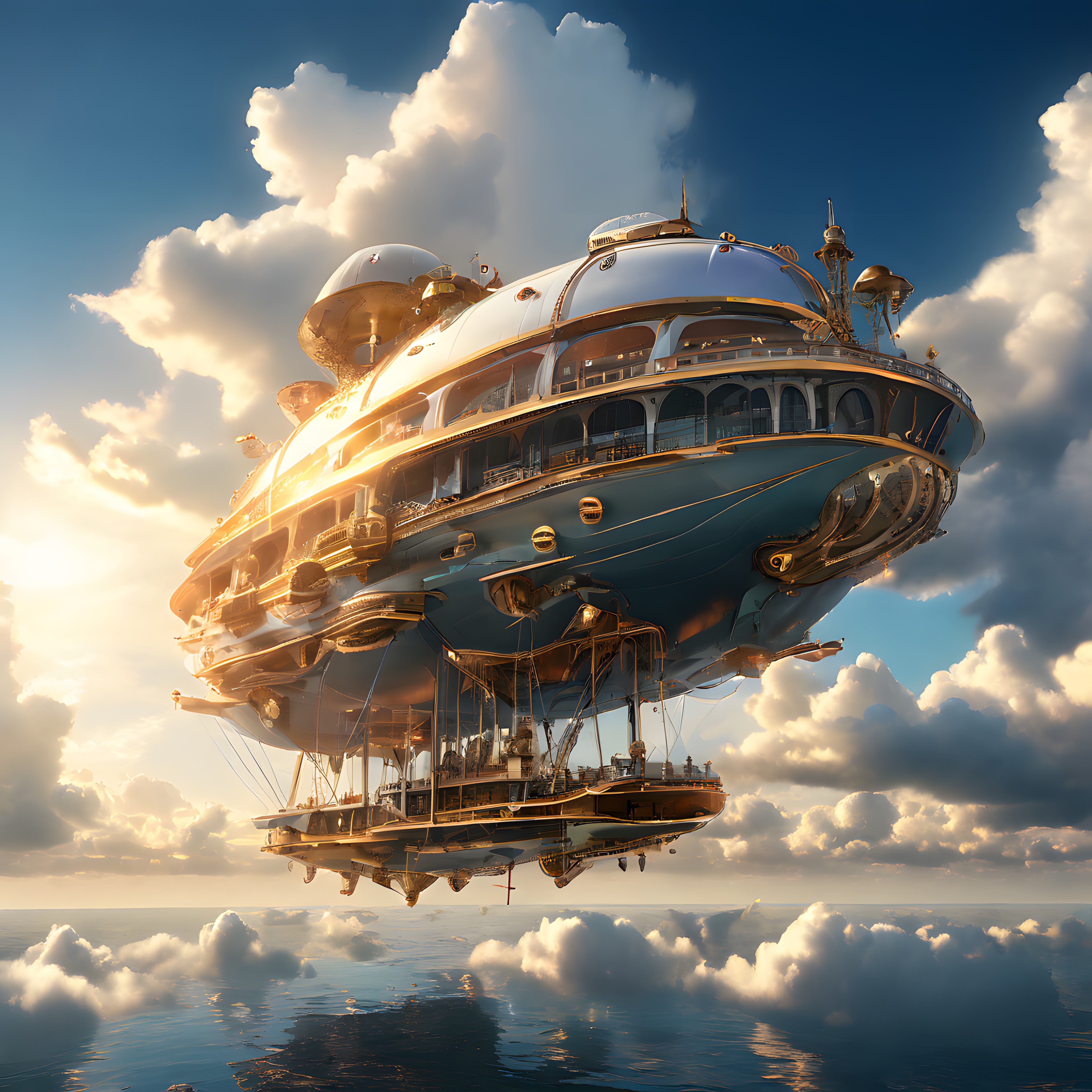 Bulutların Arasında Süzülen Steampunk Hava Gemisi Dijital Sanat Eseri