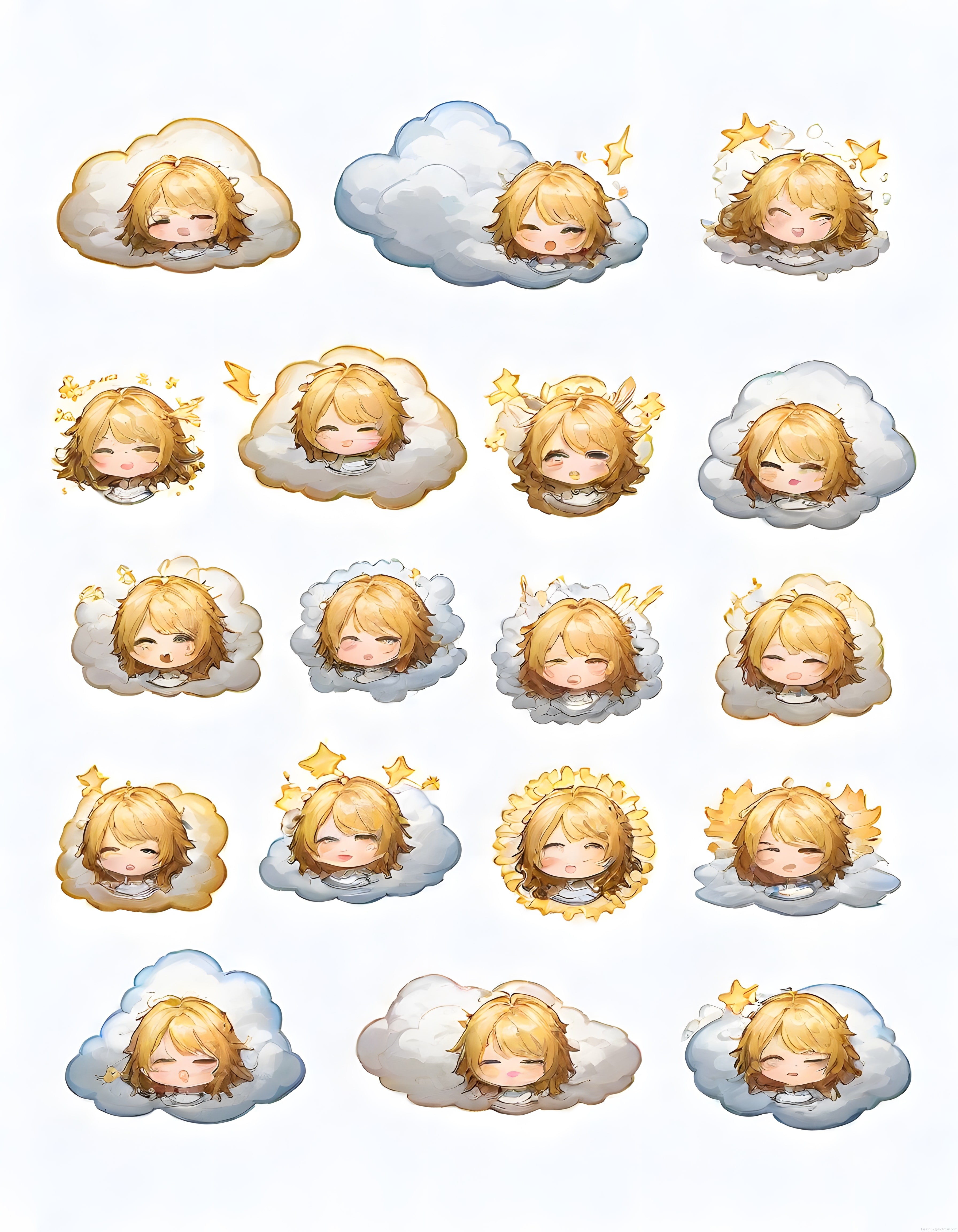 Bulutların İçinde Saklanan Sarı Saçlı Chibi Kız: Dijital Sticker ve Emoji Seti