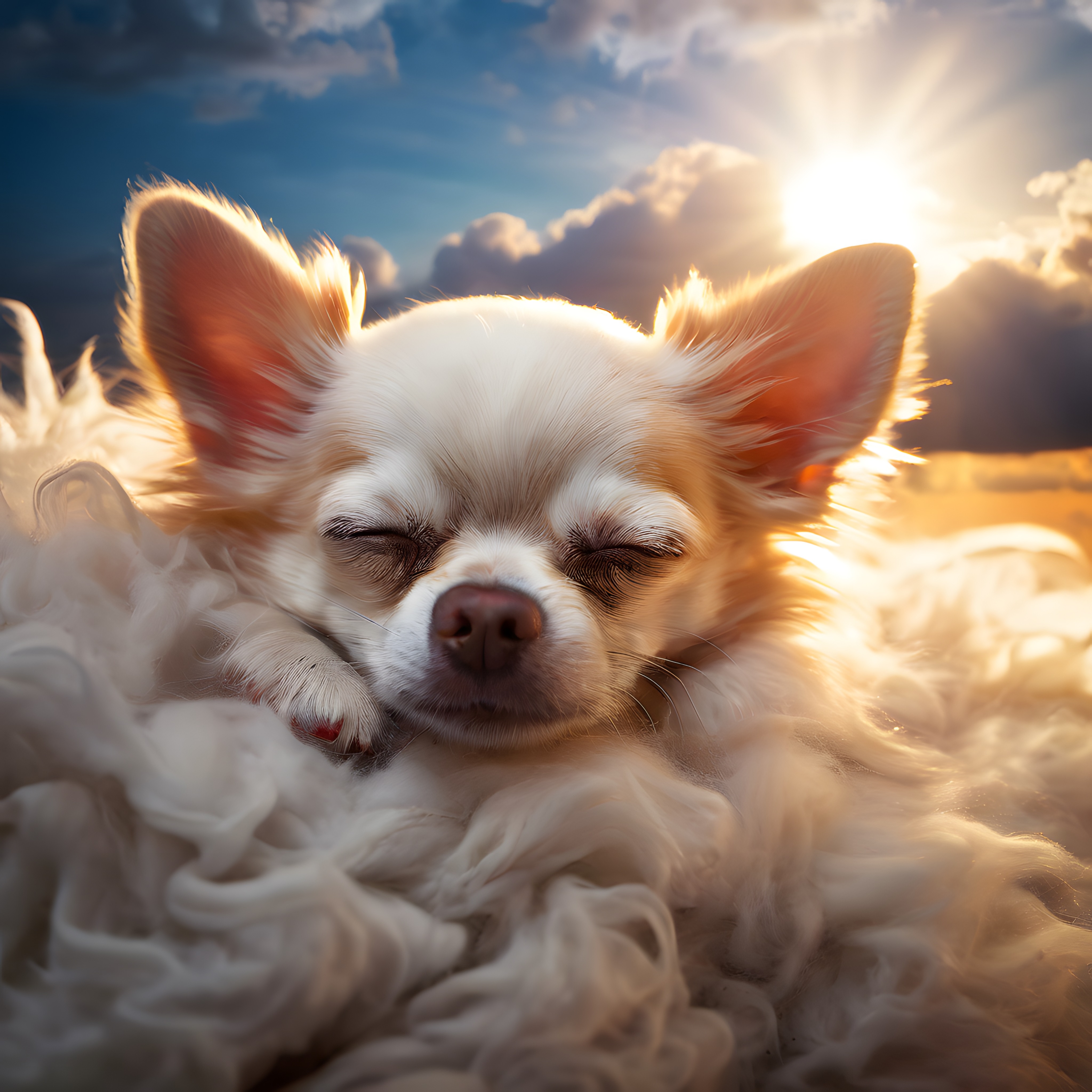 Bulutların Üzerinde Altın Güneş Işığında Uyuyan Beyaz Chihuahua Köpeği