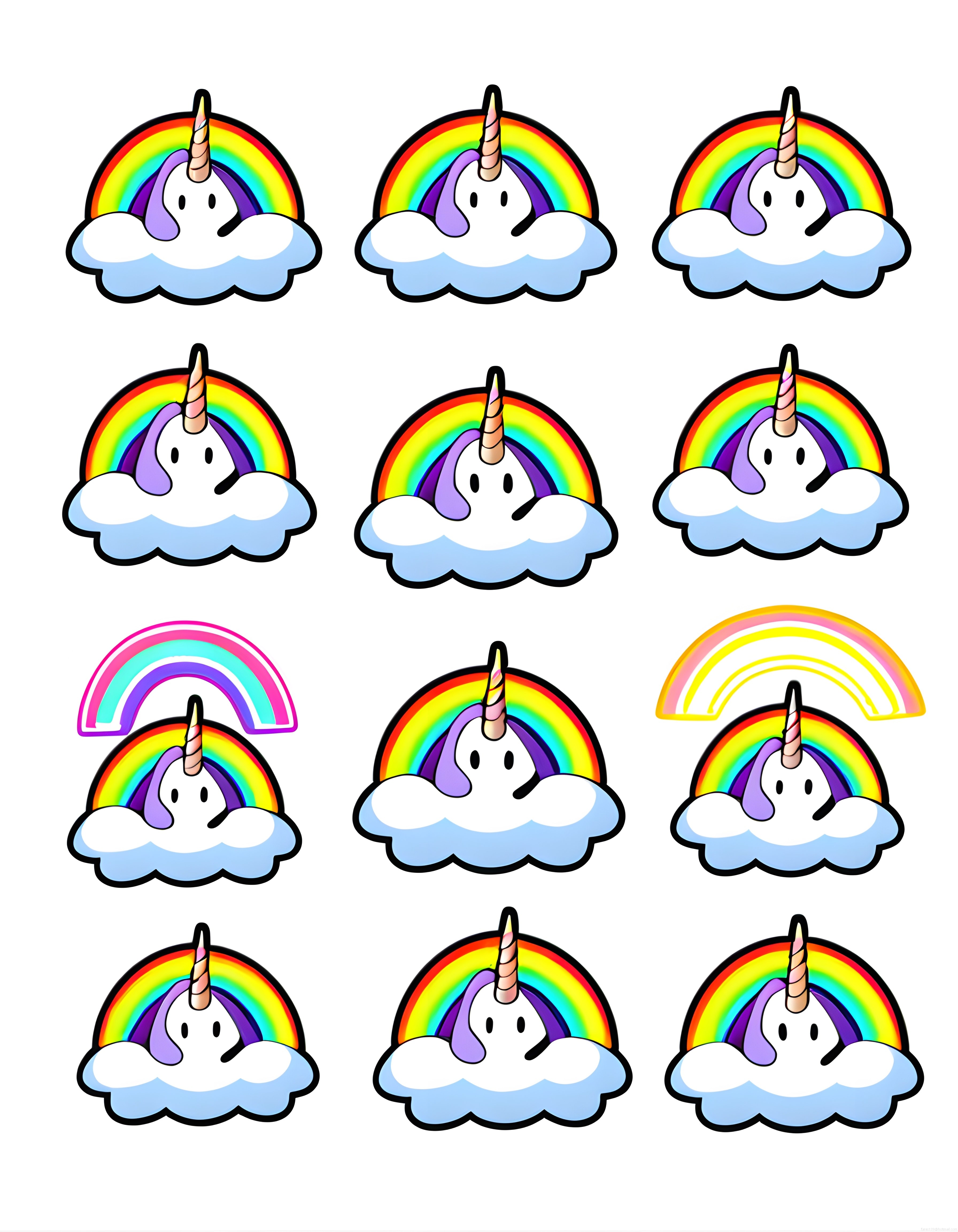 Bulutların Üzerinde Oturan Sevimli Unicorn ve Gökkuşağı Çizim Koleksiyonu