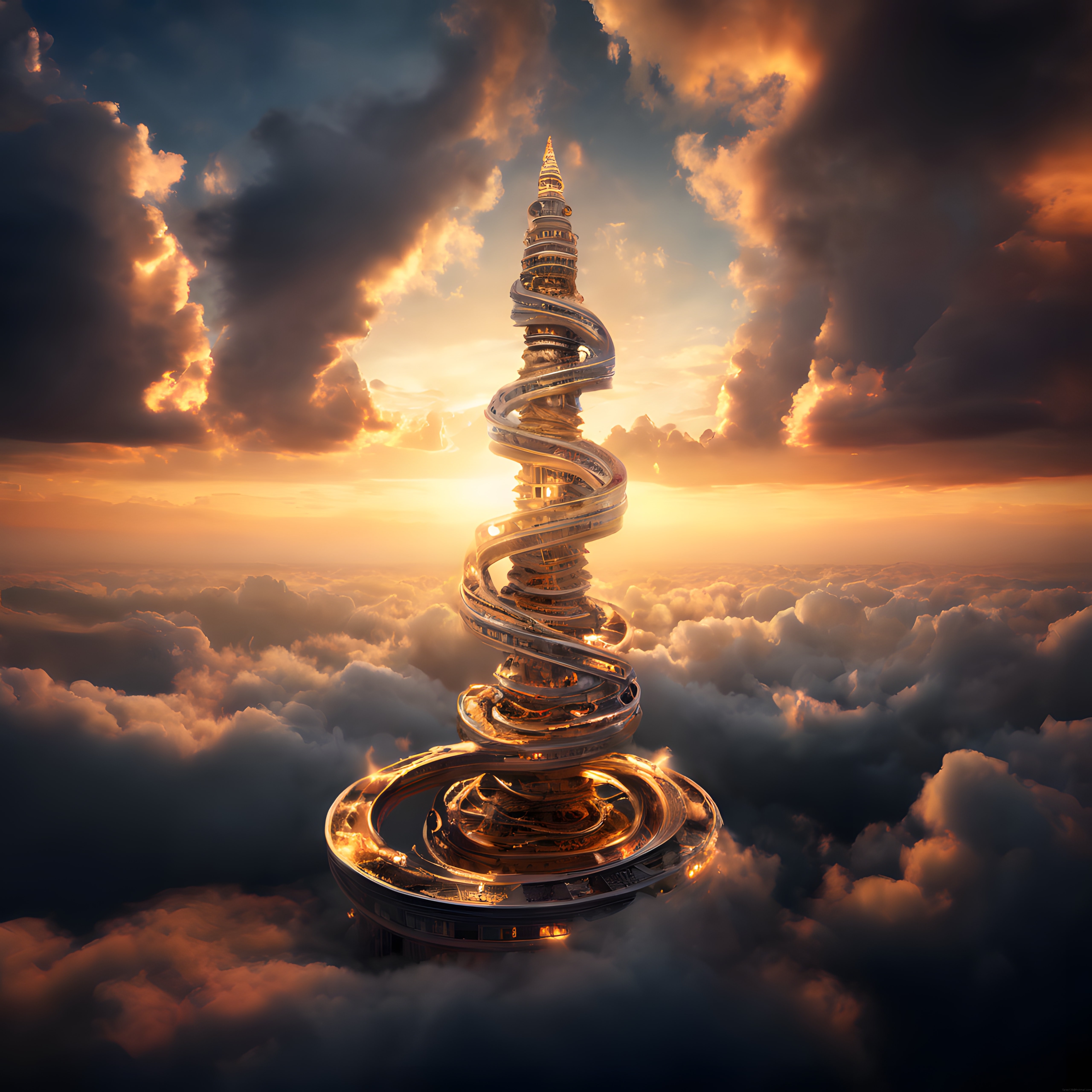Bulutların Üzerinde Yükselen Altın Işıklı Fantastik Spiral Kule ve Gün Doğumu