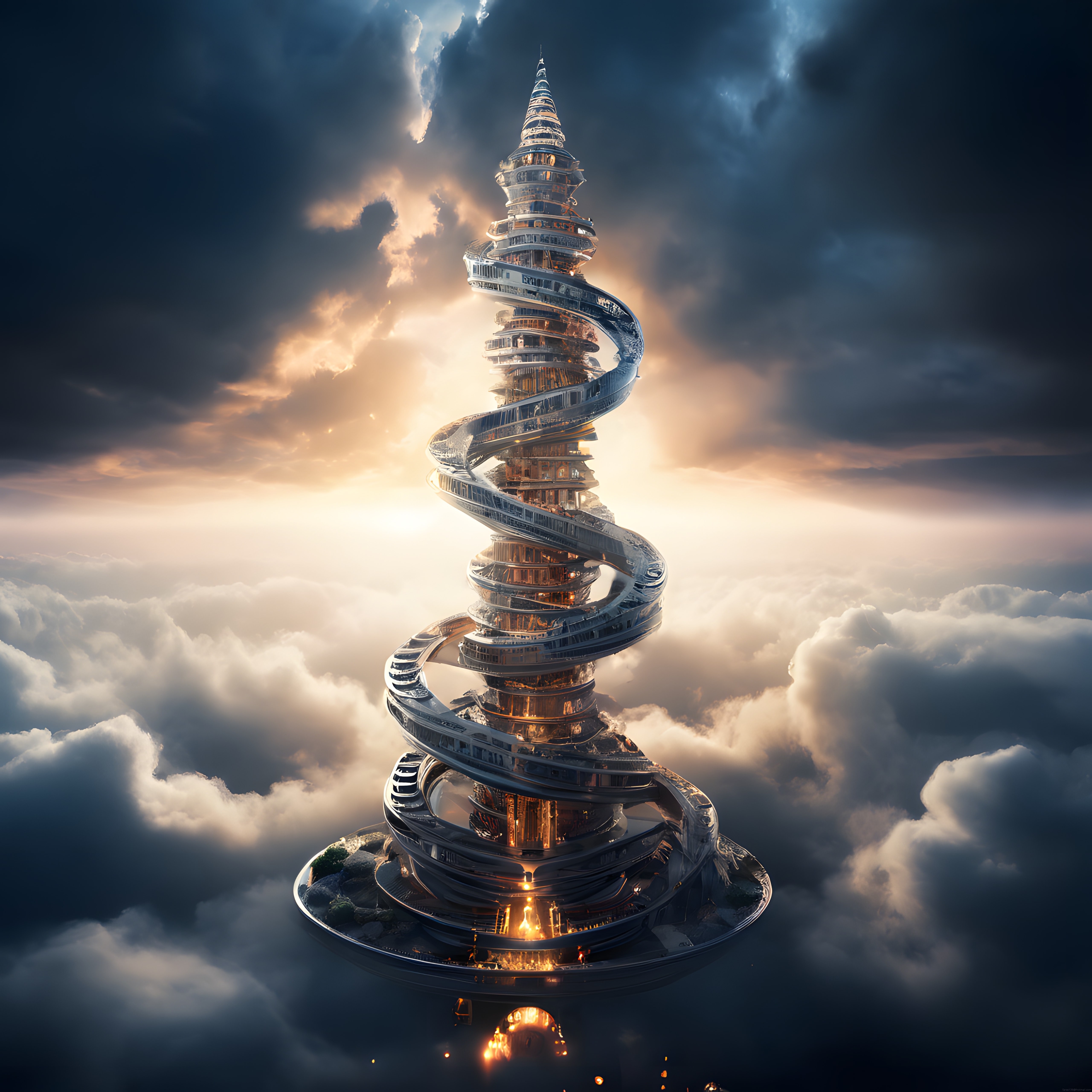 Bulutların Üzerinde Yükselen Fantastik Spiral Kule ve Sonsuz Gökyüzü