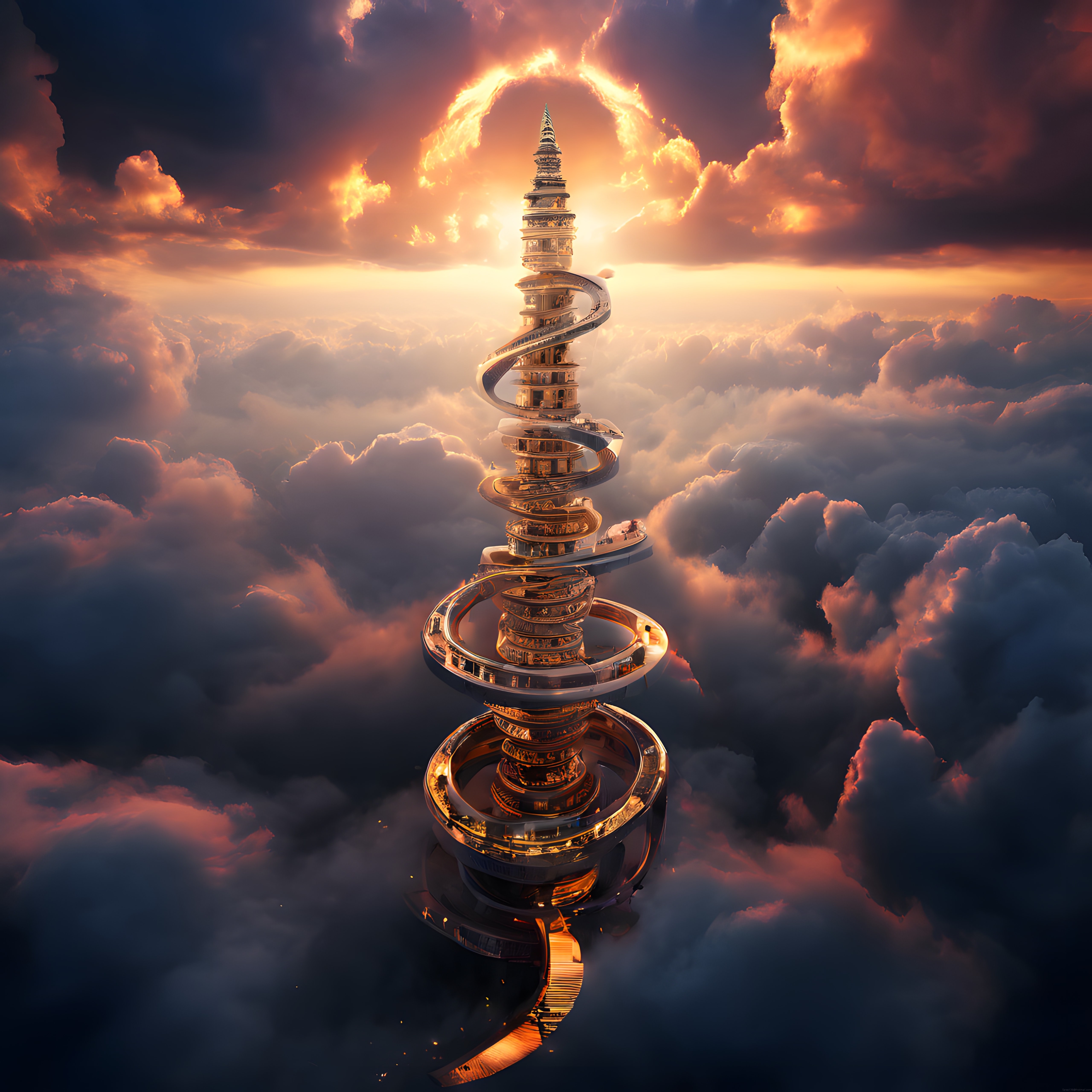 Bulutların Üzerinde Yükselen Gizemli Spiral Kule ve Büyülü Gün Batımı Atmosferi
