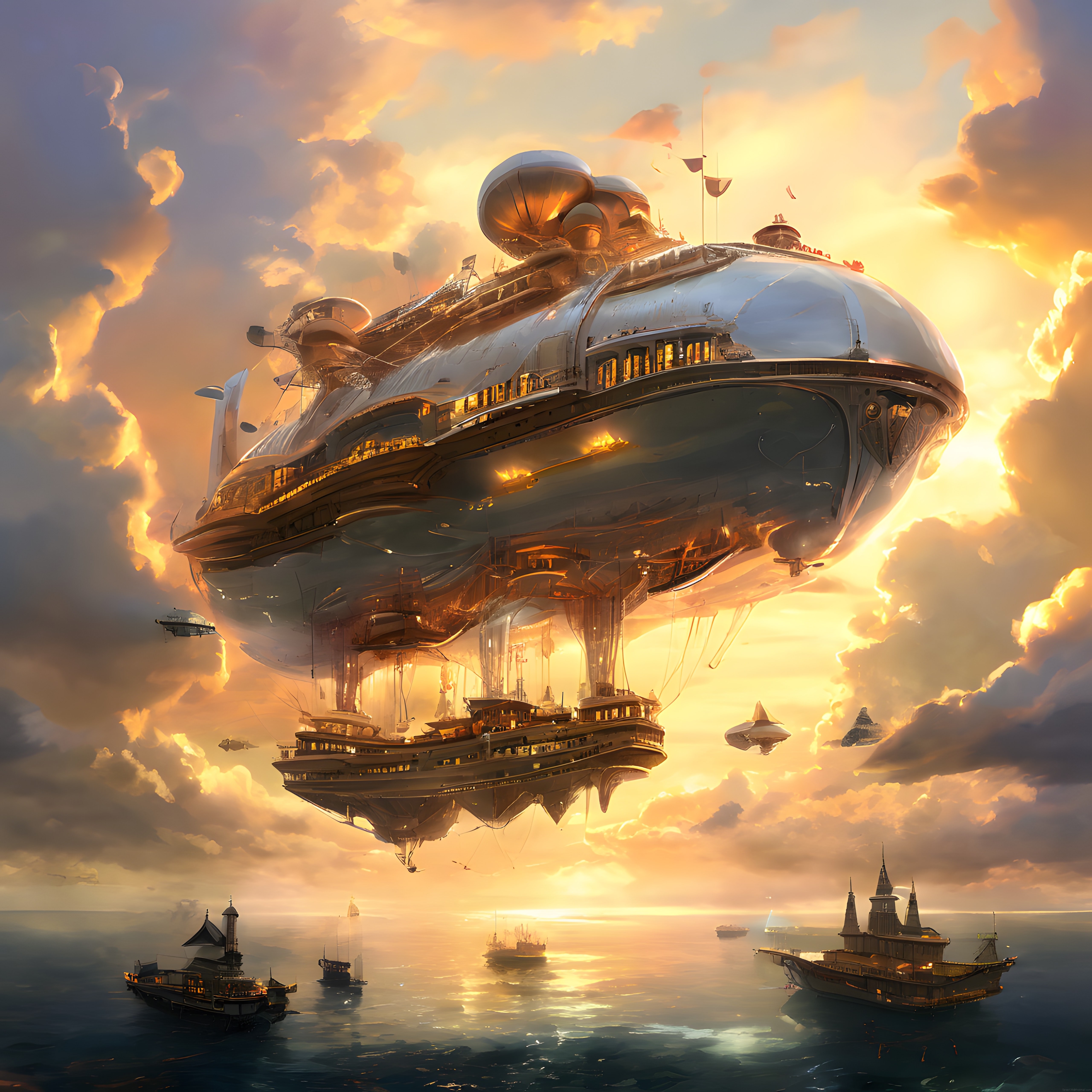 Bulutların Üzerinde Yüzen Devasa Steampunk Hava Gemisi ve Altın Saat Işığı