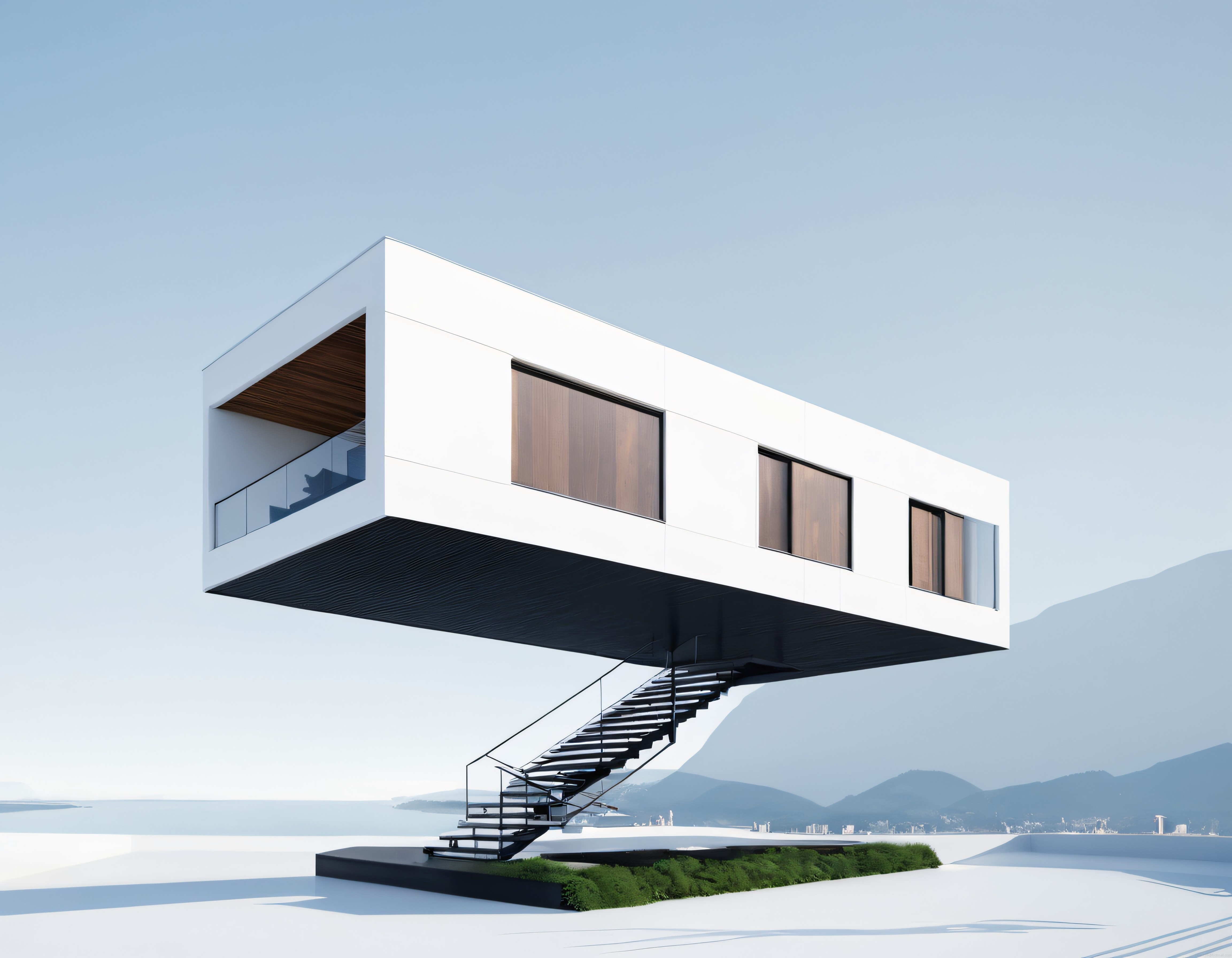 Bulutların Üzerinde Yüzen Modern Ev ve Esrarengiz Çelik Merdiven