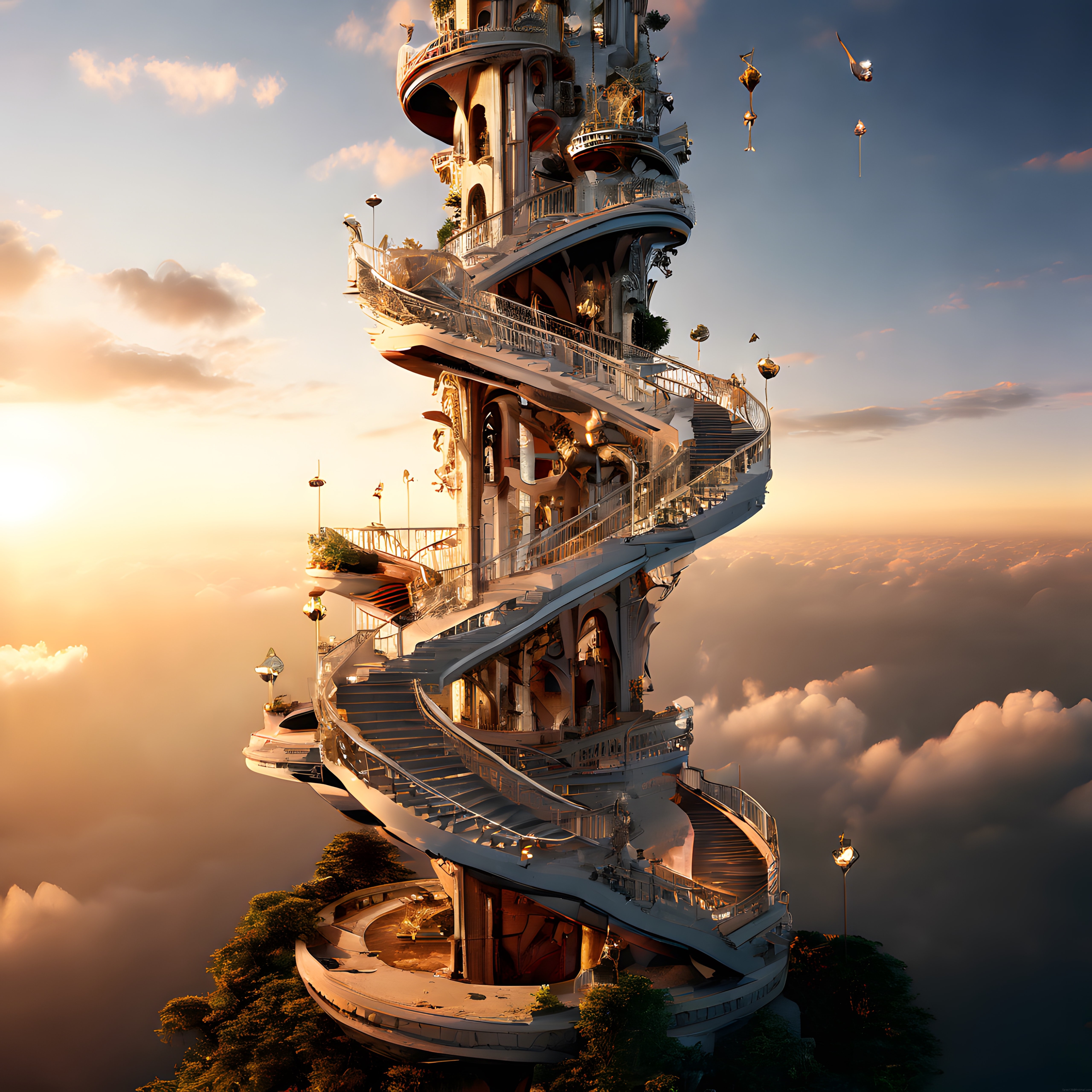 Bulutların Üzerindeki Fantastik Kule ve Spiral Merdivenlerle Gün Batımı Masalı