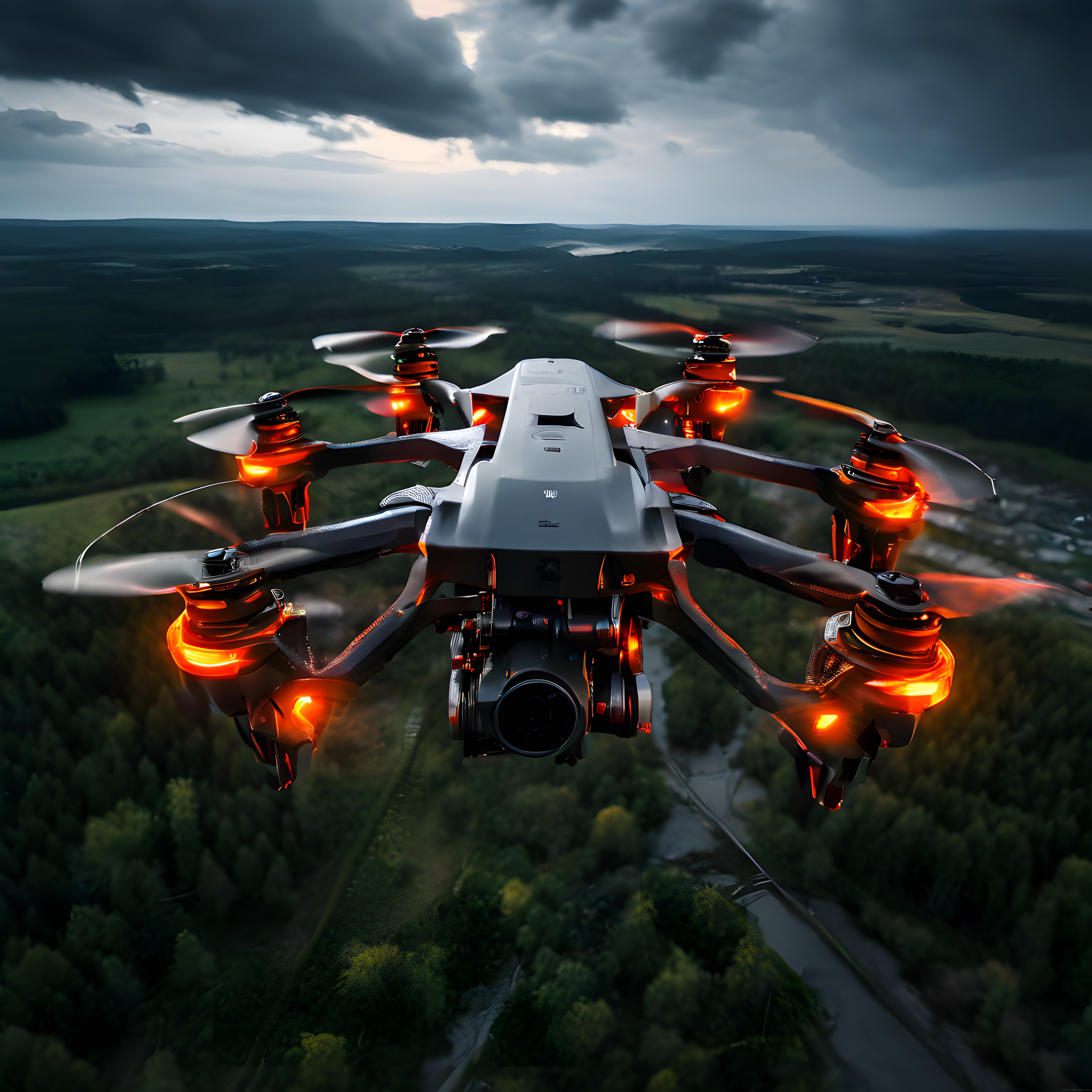 Bulutlu Göklerde Turuncu Işıklı Drone ile Havadan Yeşil Vadi Görüntüsü