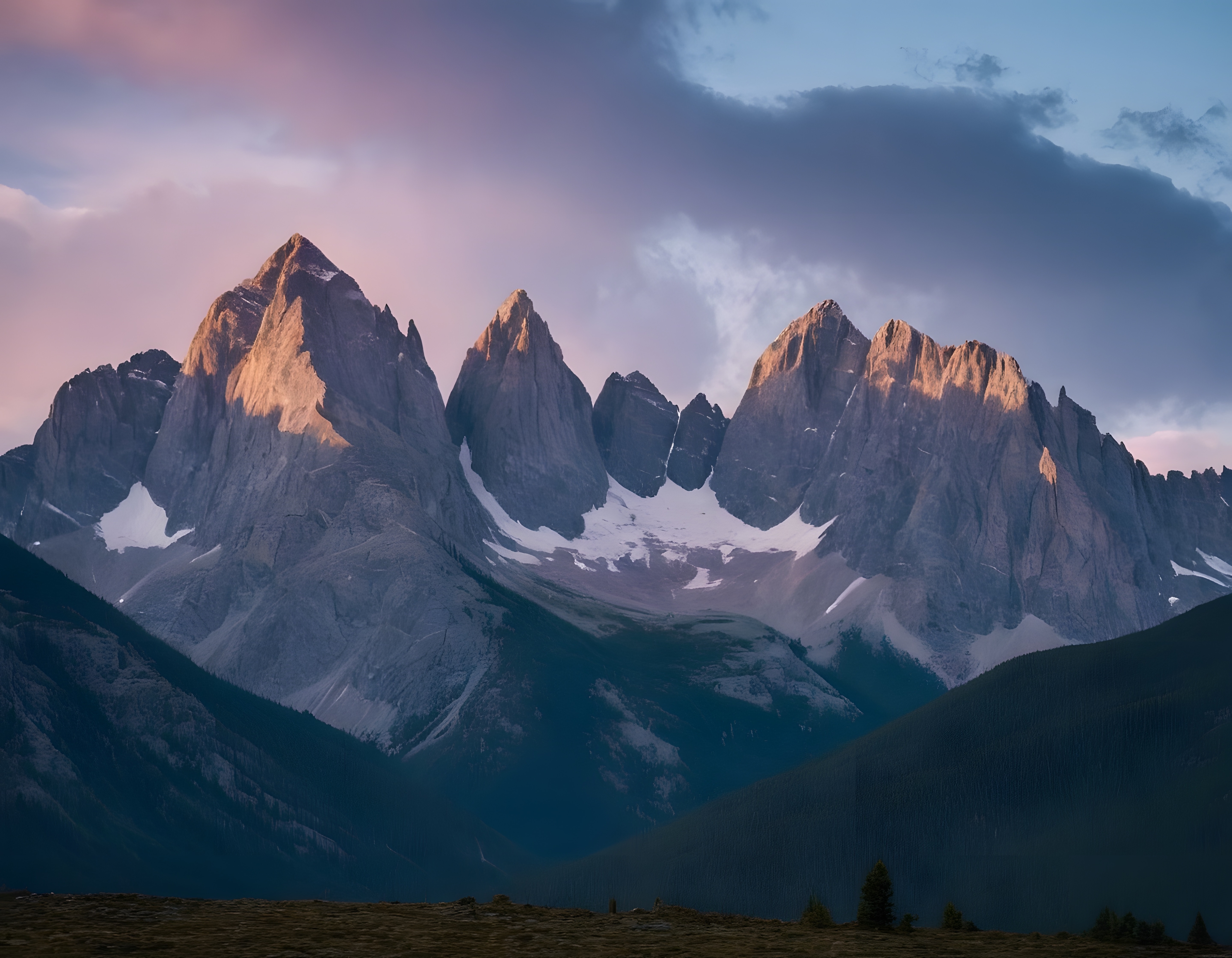 Bulutlu Gökte Gün Doğumu Işığında Yükselen Karlı Granit Dağlar ve Vadi