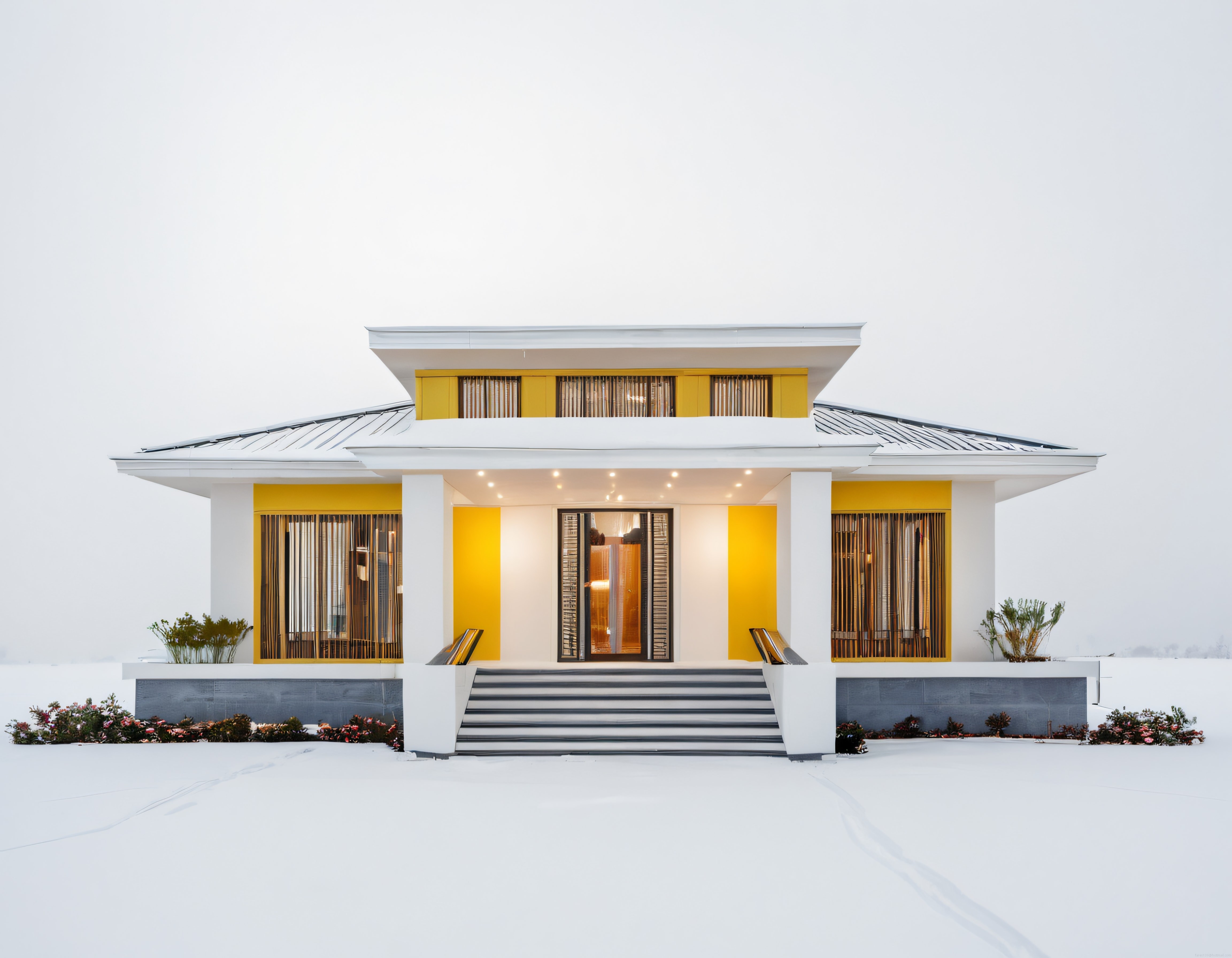 Bulutlu Gökte Sarı Detaylı Modern Villa Cephesi ve Minimalist Peyzaj