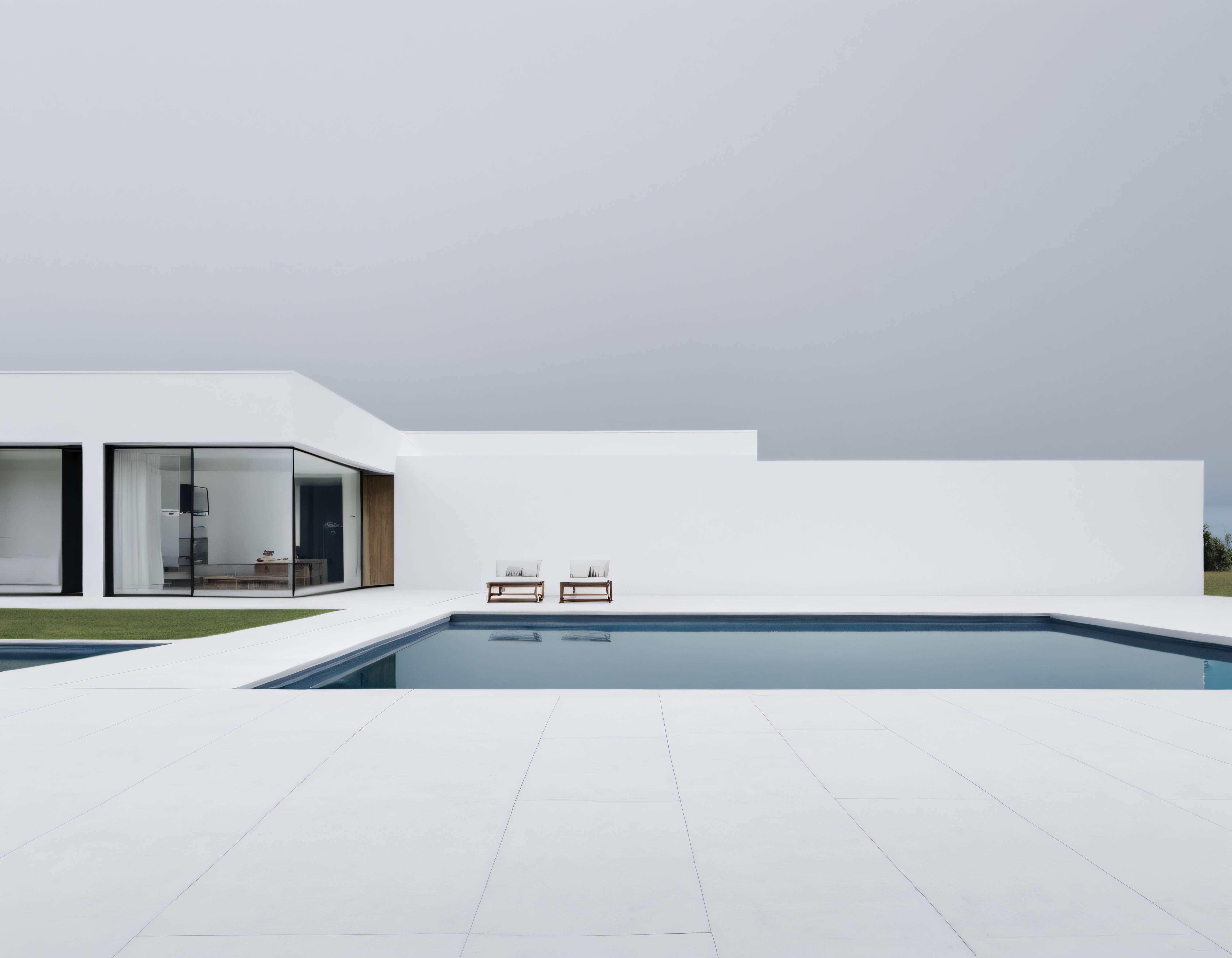 Bulutlu Gökyüzü Altında Cam Cepheli Minimalist Beyaz Villa ve Havuz Tasarımı