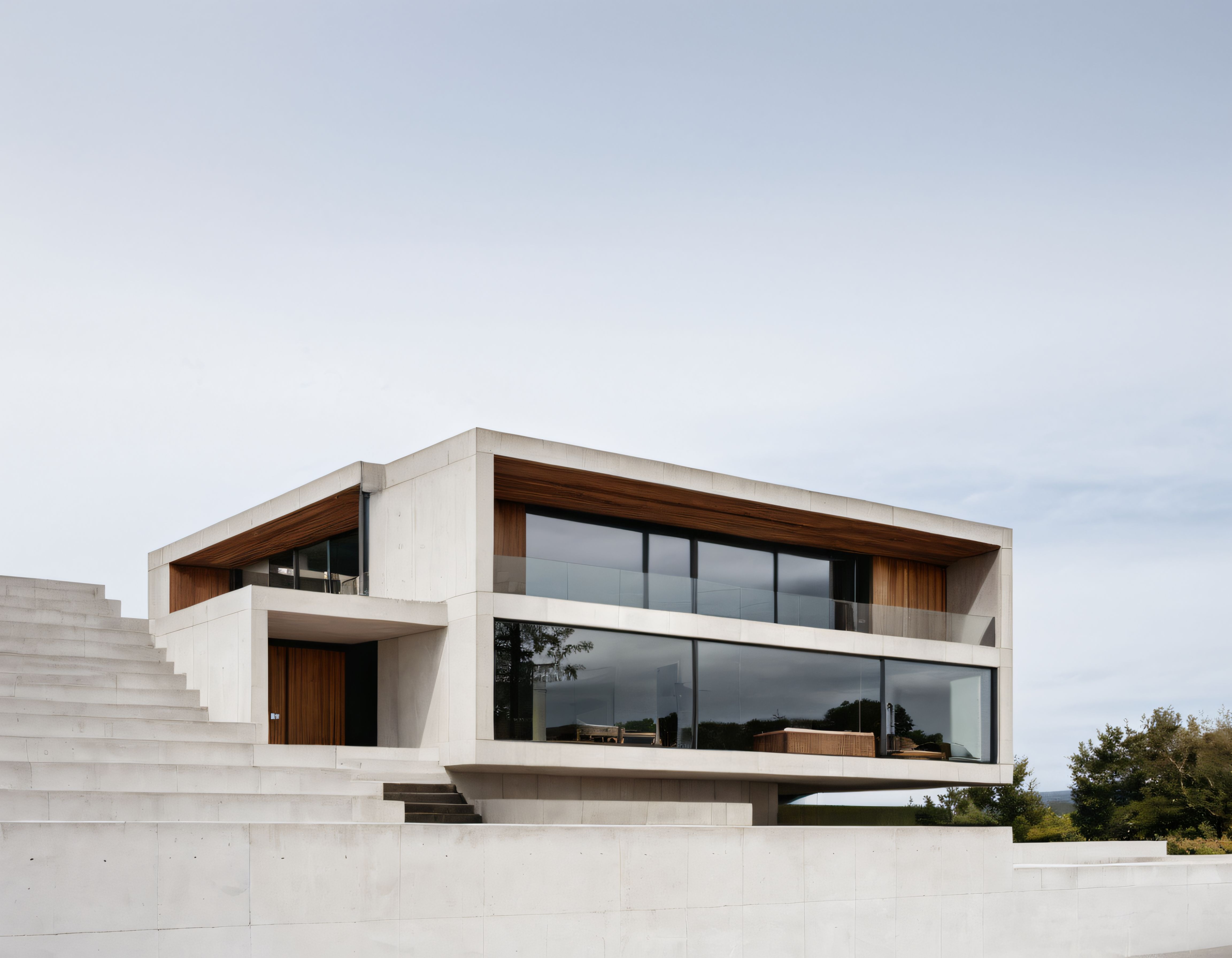 Bulutlu Gökyüzü Altında Modern Beton ve Ahşap Detaylı Minimalist Villa Mimari
