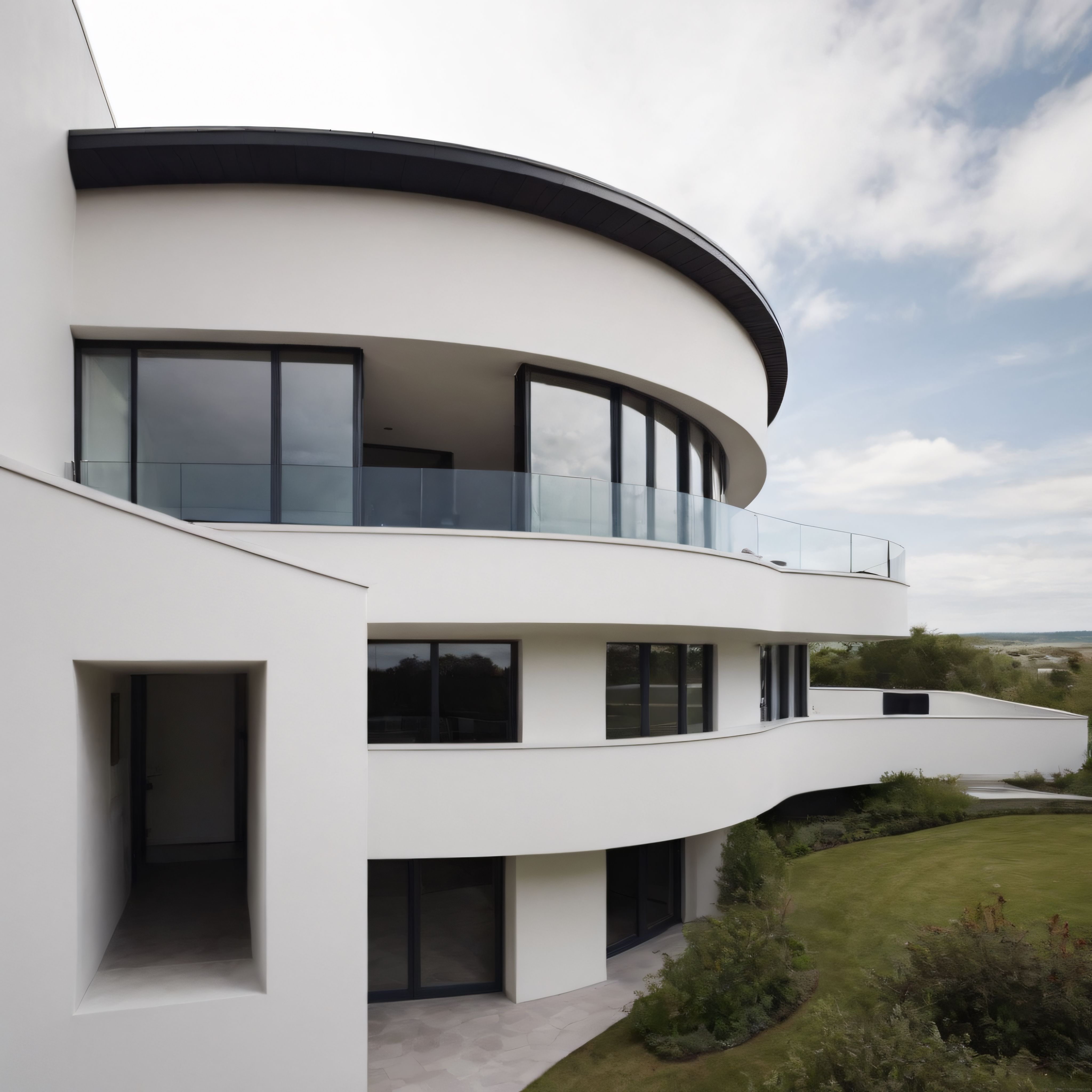 Bulutlu Gökyüzü Altında Organik Kavislere Sahip Beyaz Modern Mimari Villa