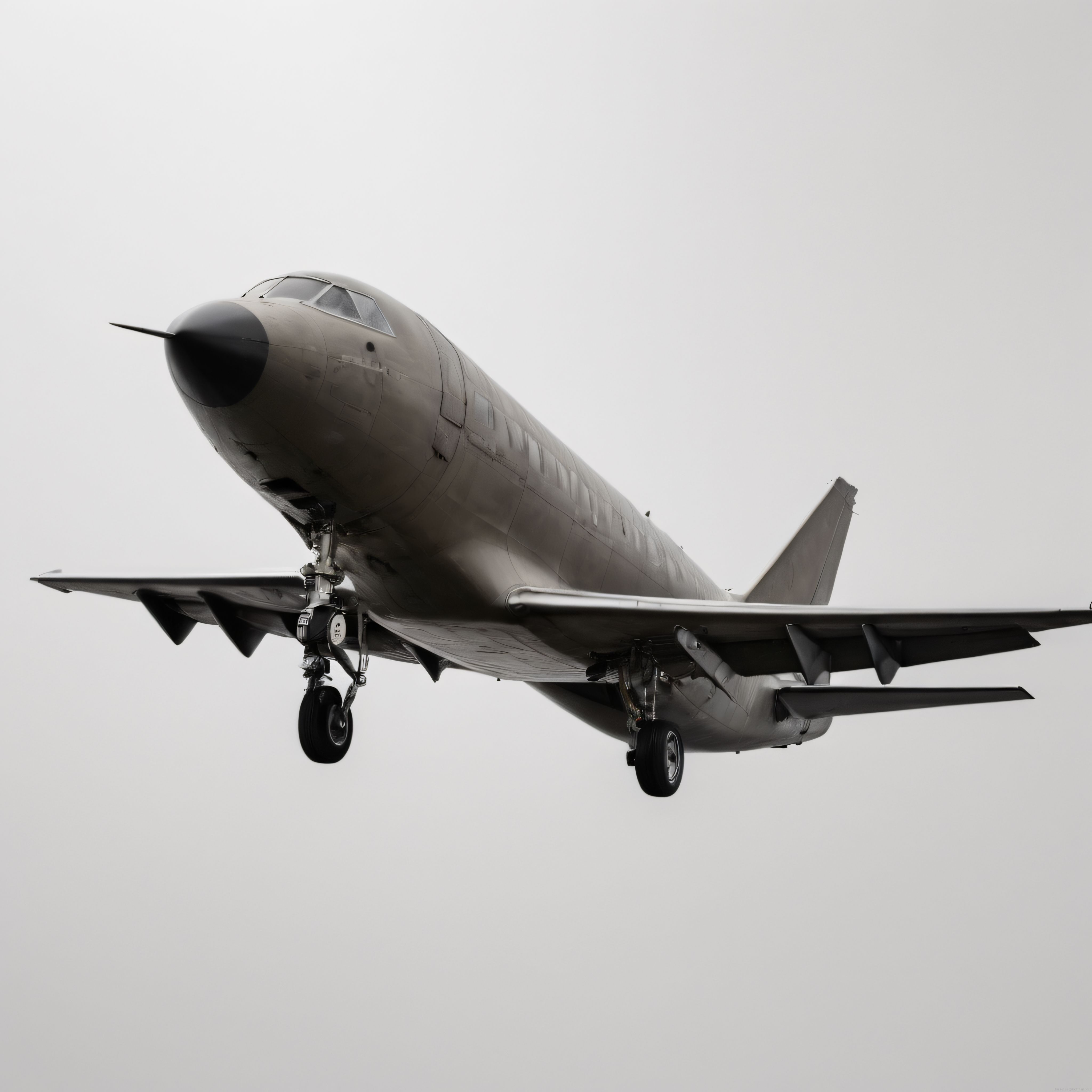 Bulutlu gökyüzünde iniş takımları açık biçimde süzülen gri askeri jet uçağı