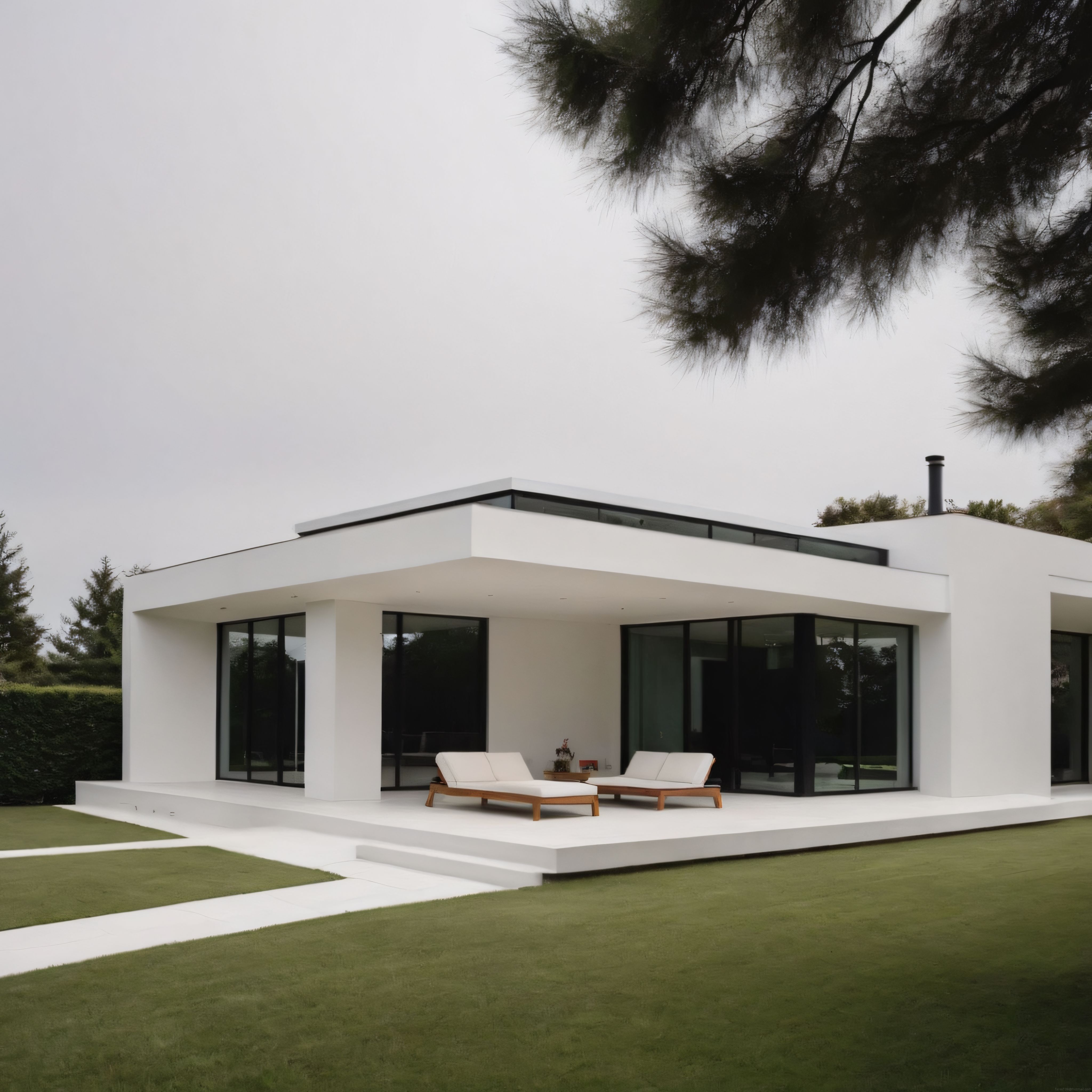 Bulutlu Günde Beyaz Cepheli Geniş Camlı Minimalist Modern Villa Tasarımı