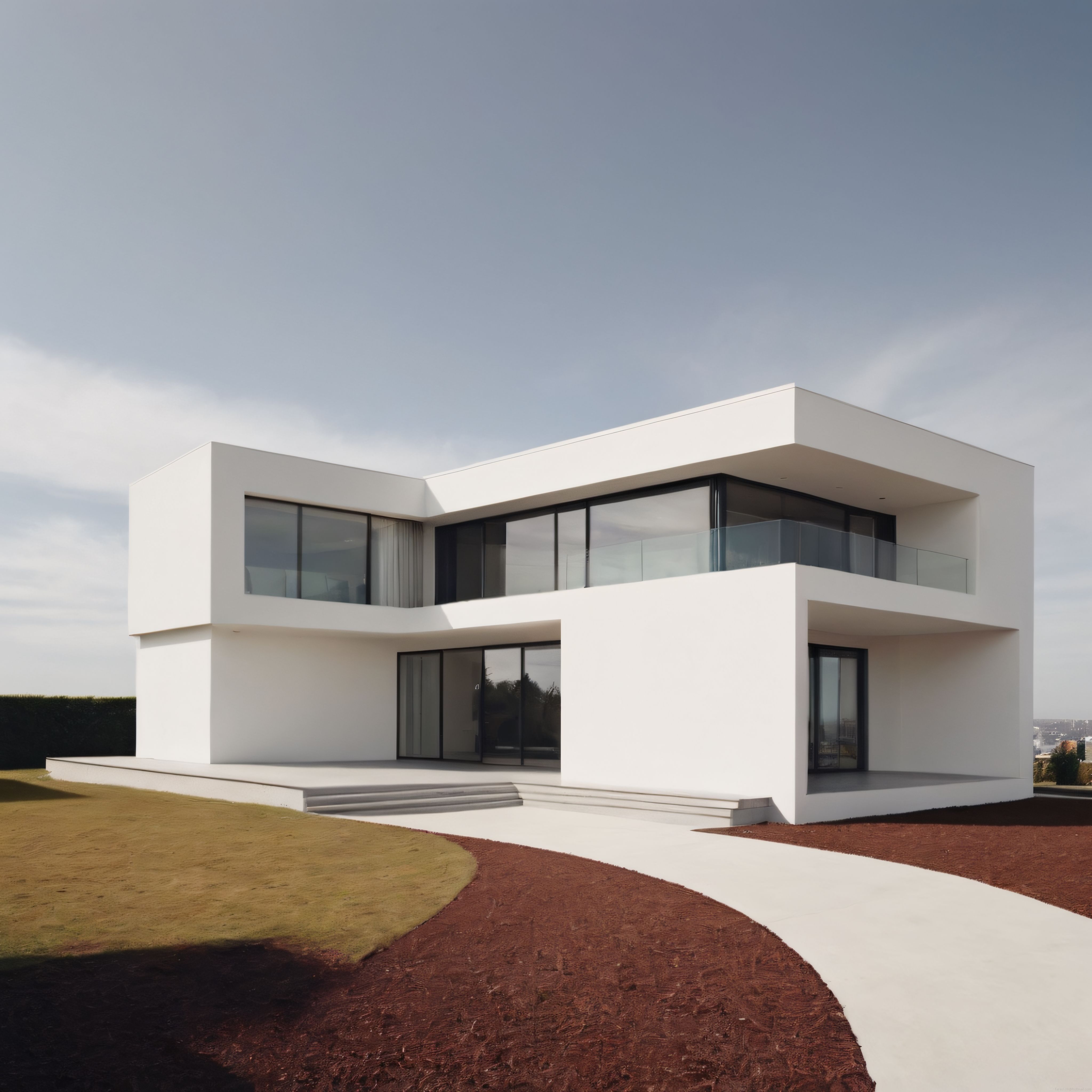 Bulutlu Günde Beyaz Cepheli Modern Minimalist Villa ve Kırmızı Zeminli Bahçe