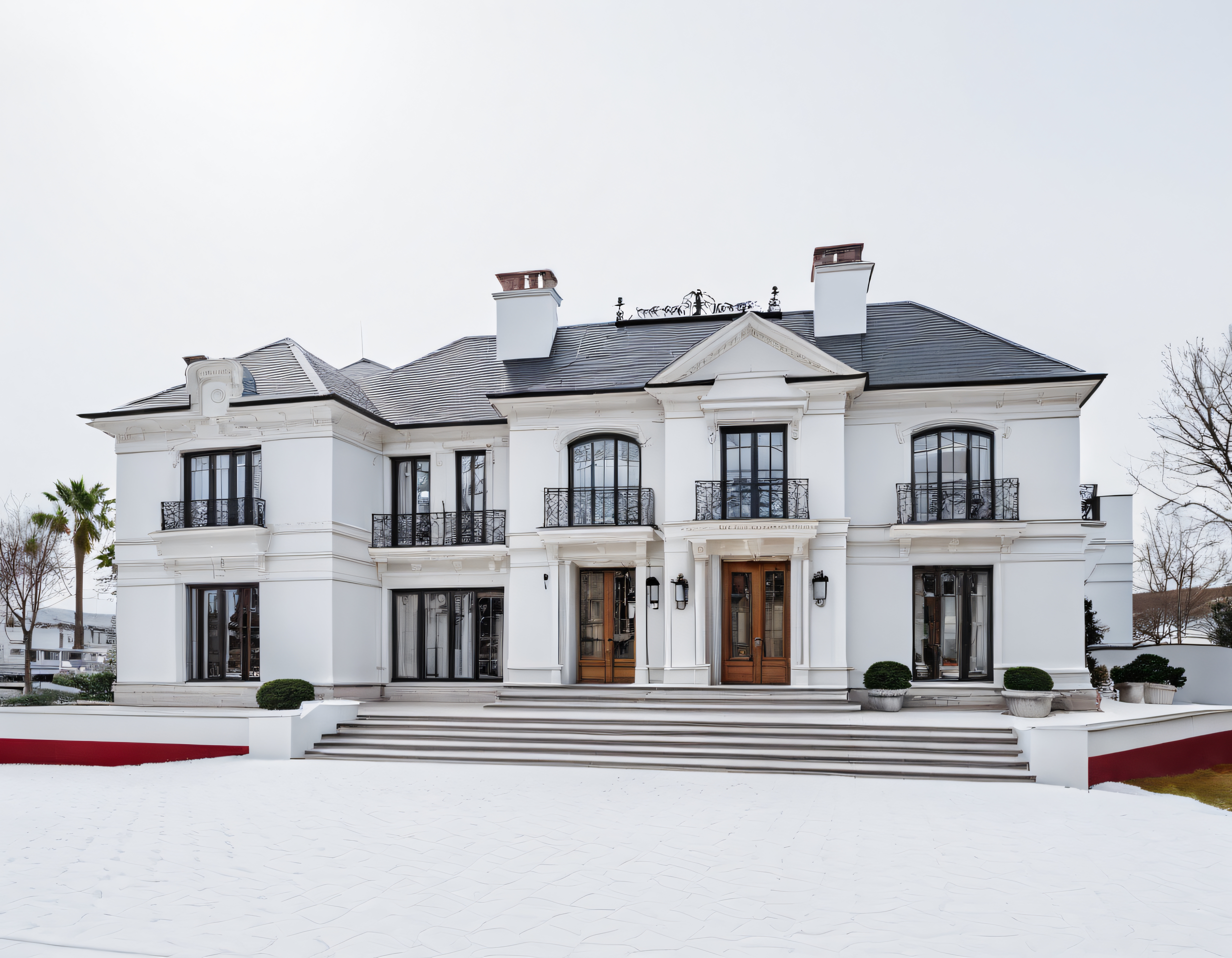 Bulutlu Havada Beyaz Cepheli Neoklasik Lüks Villa ve Geniş Avlusu
