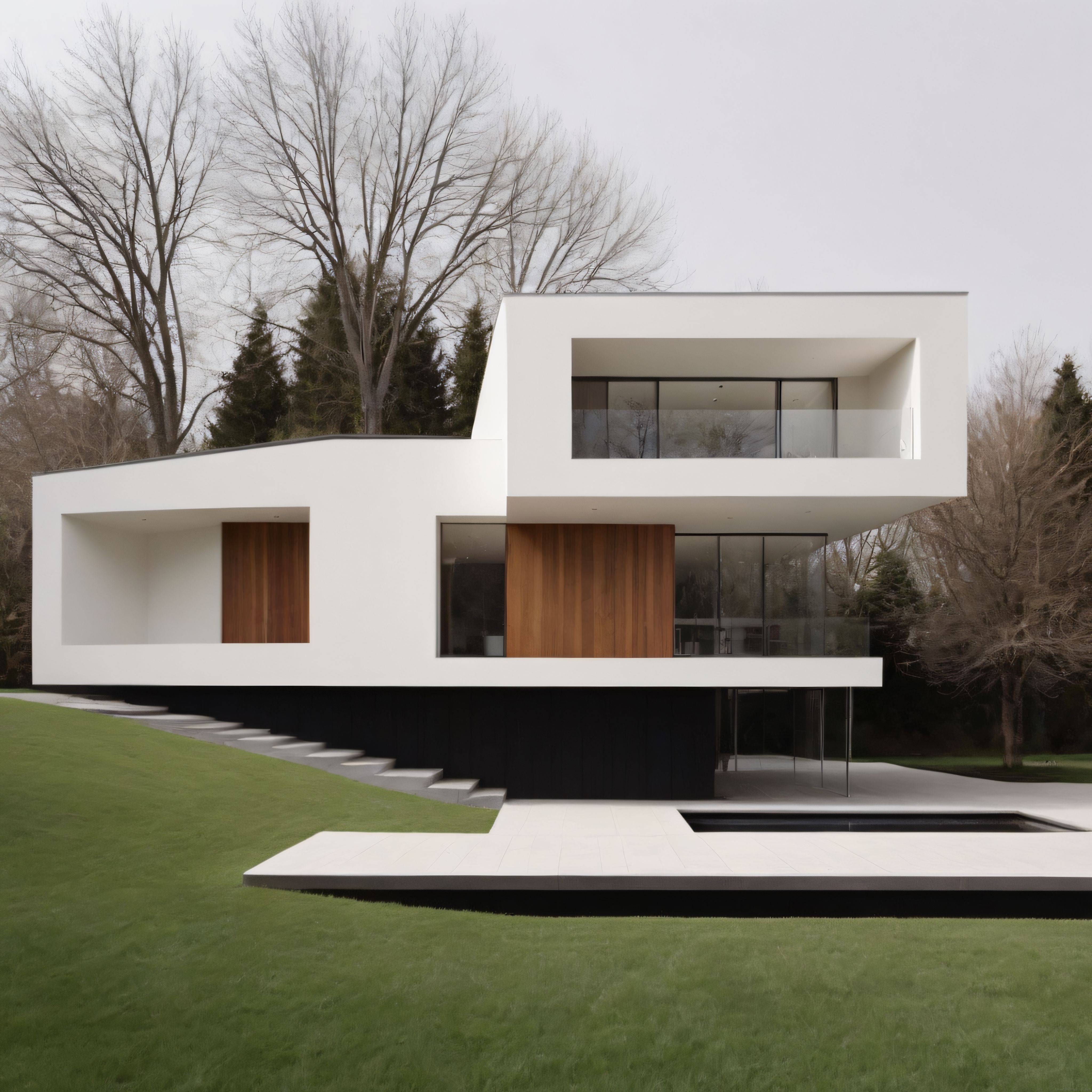 Bulutlu Havada Orman Manzaralı Çarpıcı Modern Villa ve Bahçe Tasarımı