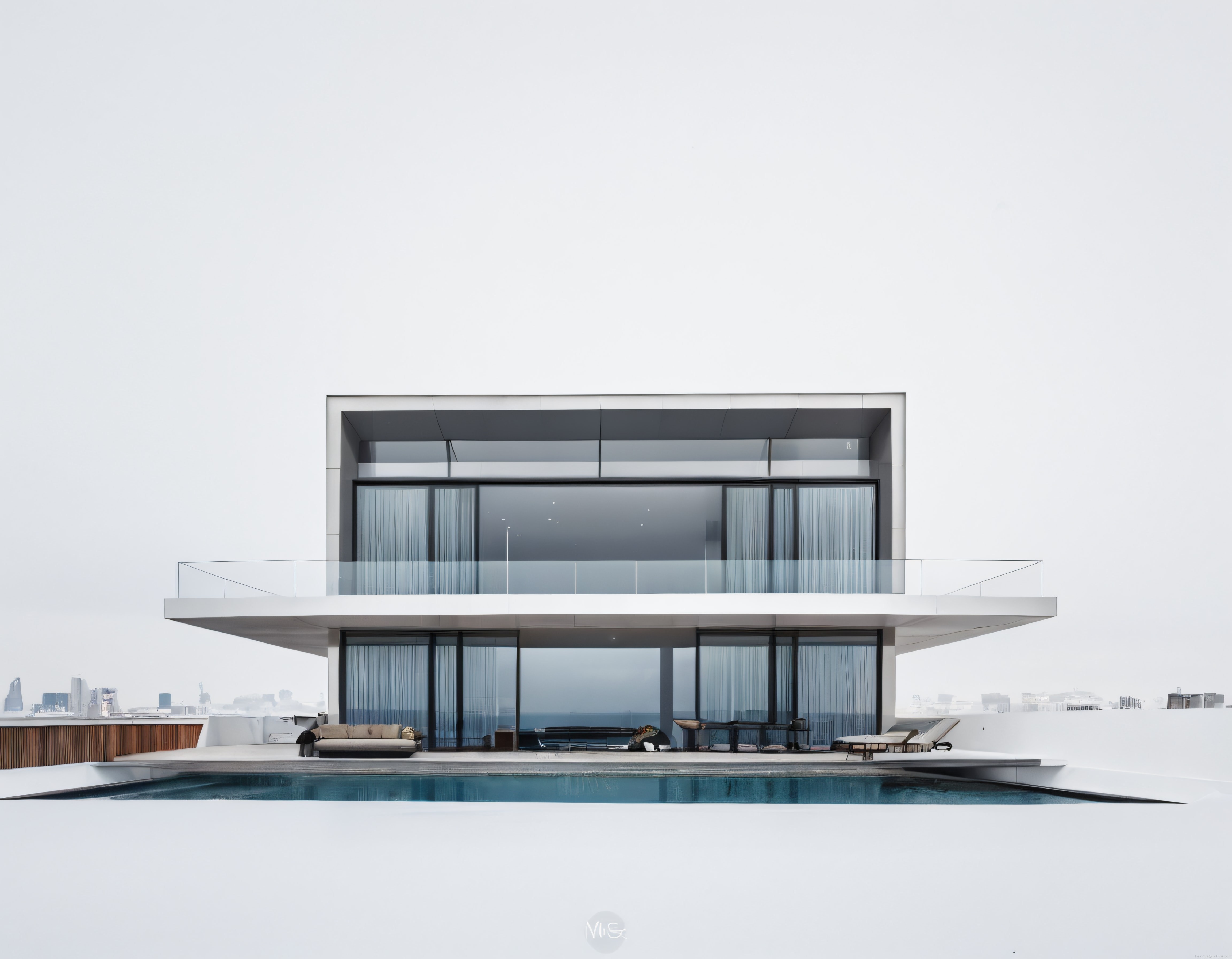 Bulutlu havada sonsuzluk havuzlu ve cam cepheli lüks minimalist villa