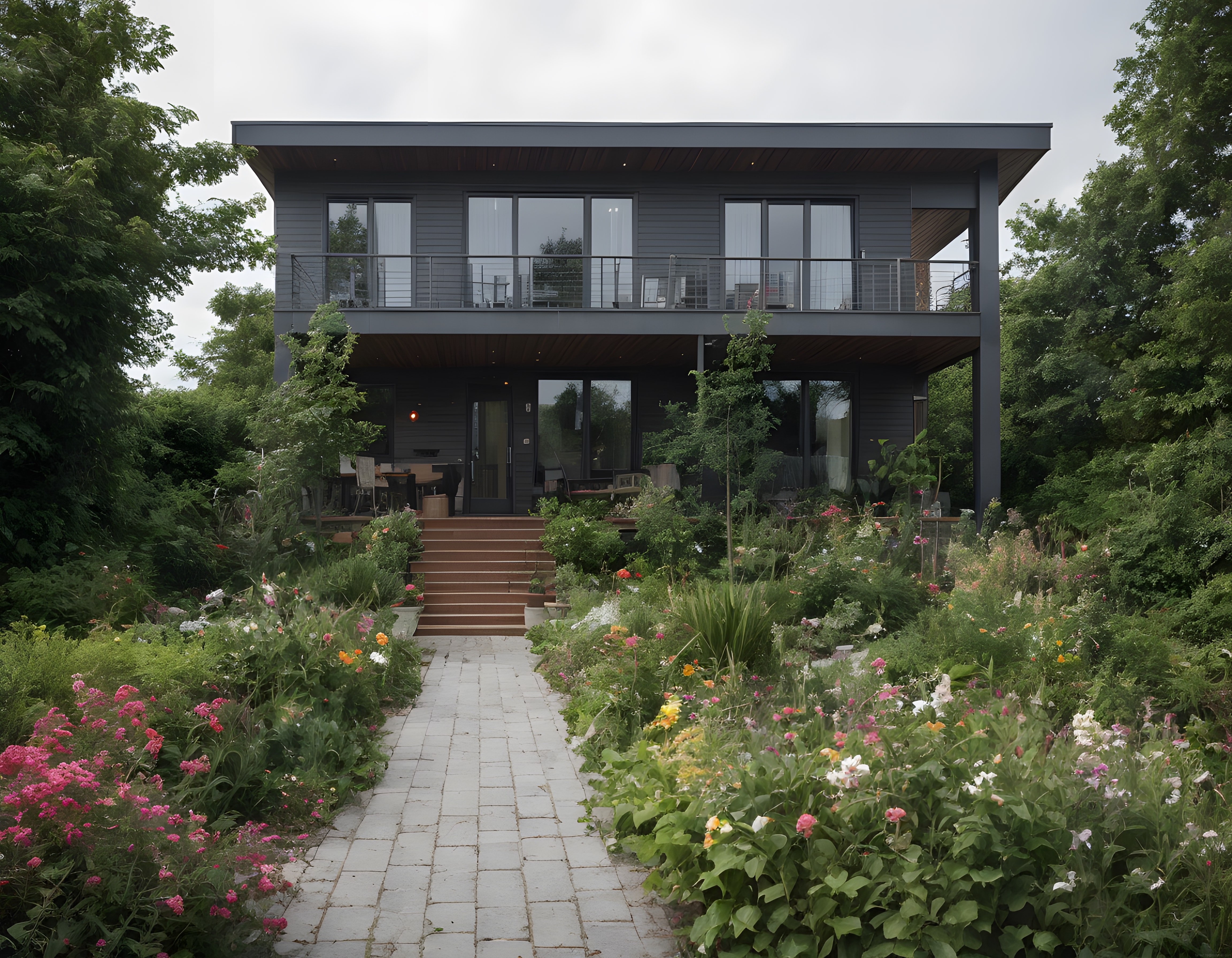 Bulutlu havada yeşillikler arasında modern villa ve renkli bahçe