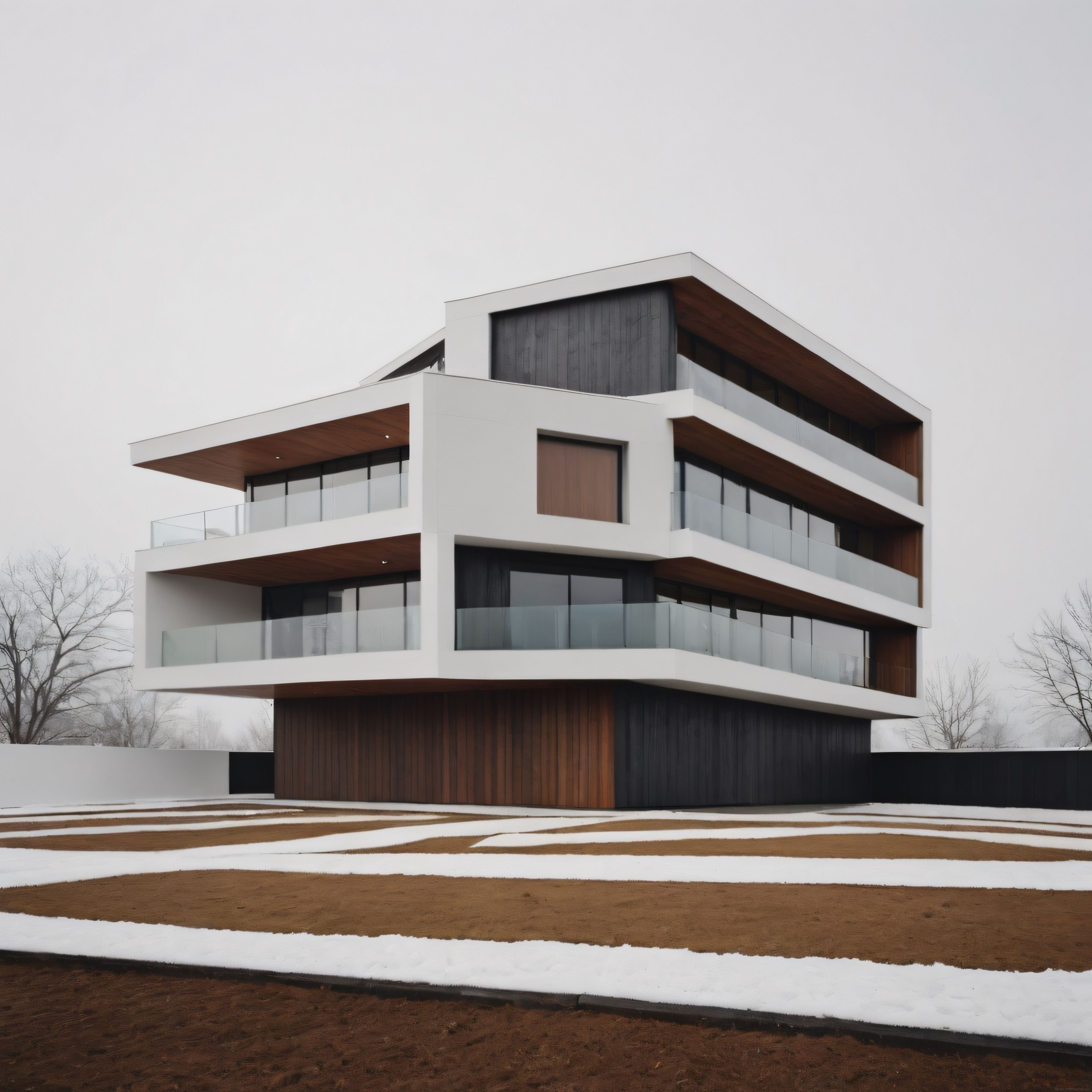 Bulutlu Kış Gününde Beyaz Geometrik Çizgilerle Modern Villa Tasarımı