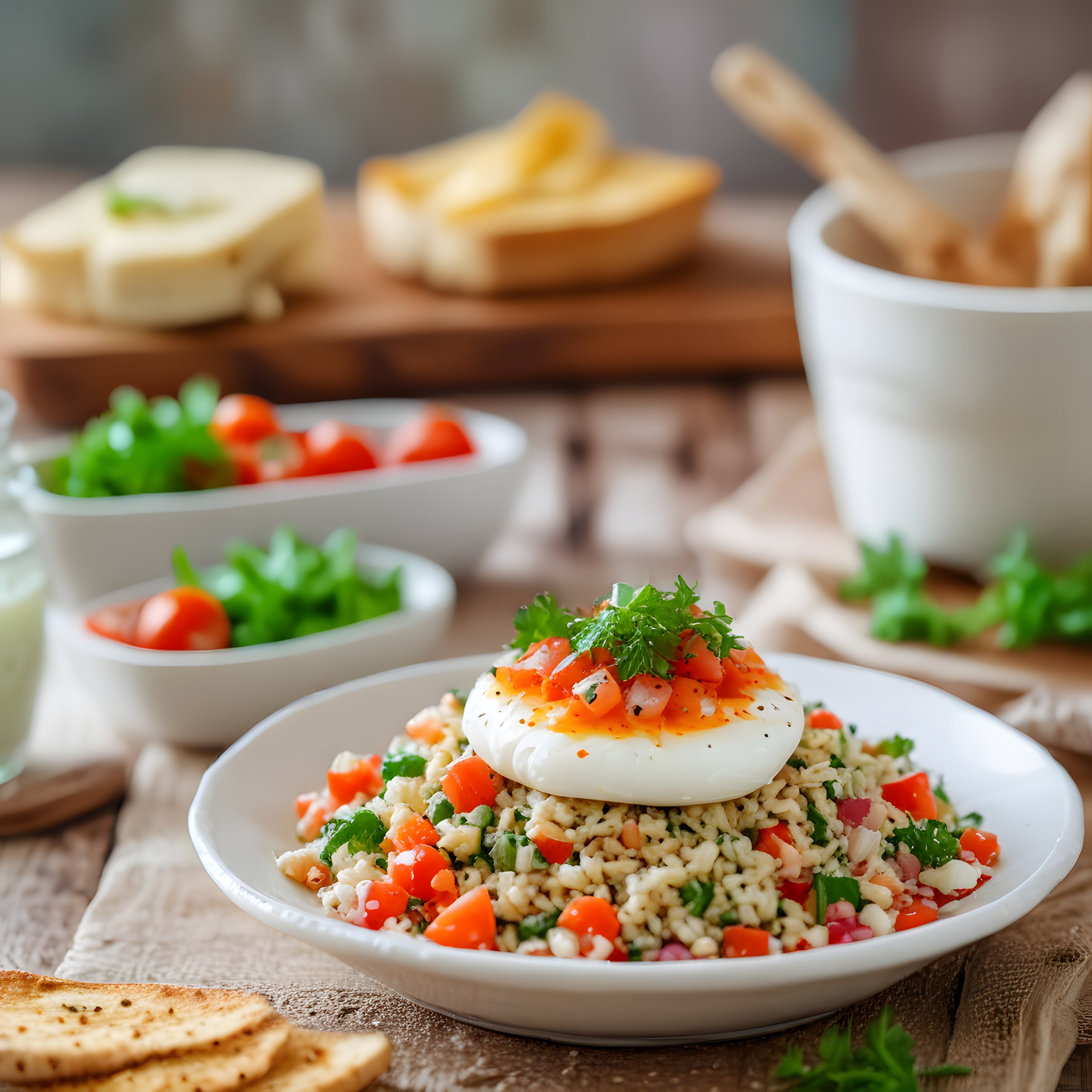 Burratalı Bulgur Salatası ve Taze Sebzelerle Rustik Brunch Sunumu