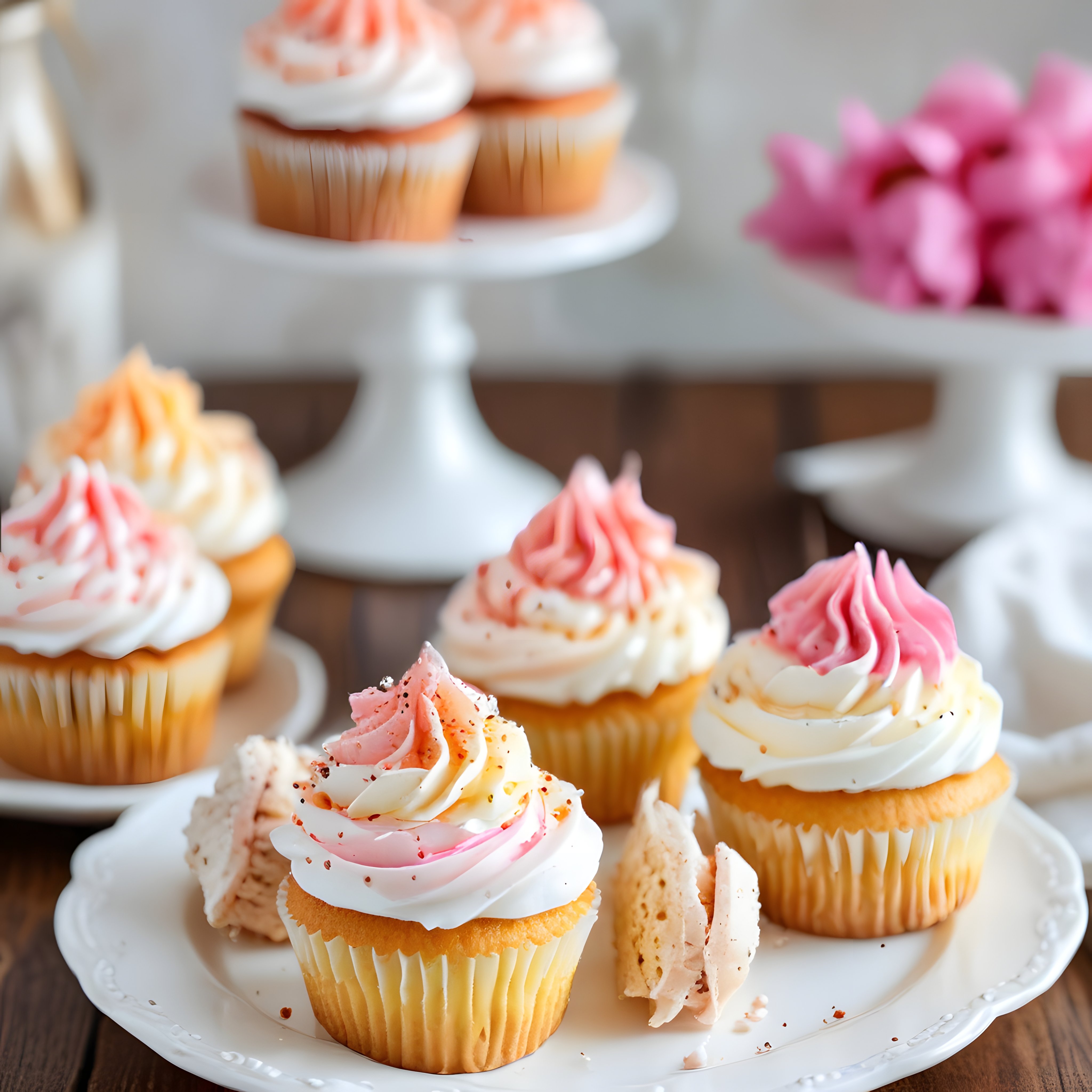 Butik cupcakelerle süslenmiş romantik bir tatlı masası ve zarif sunum detayları